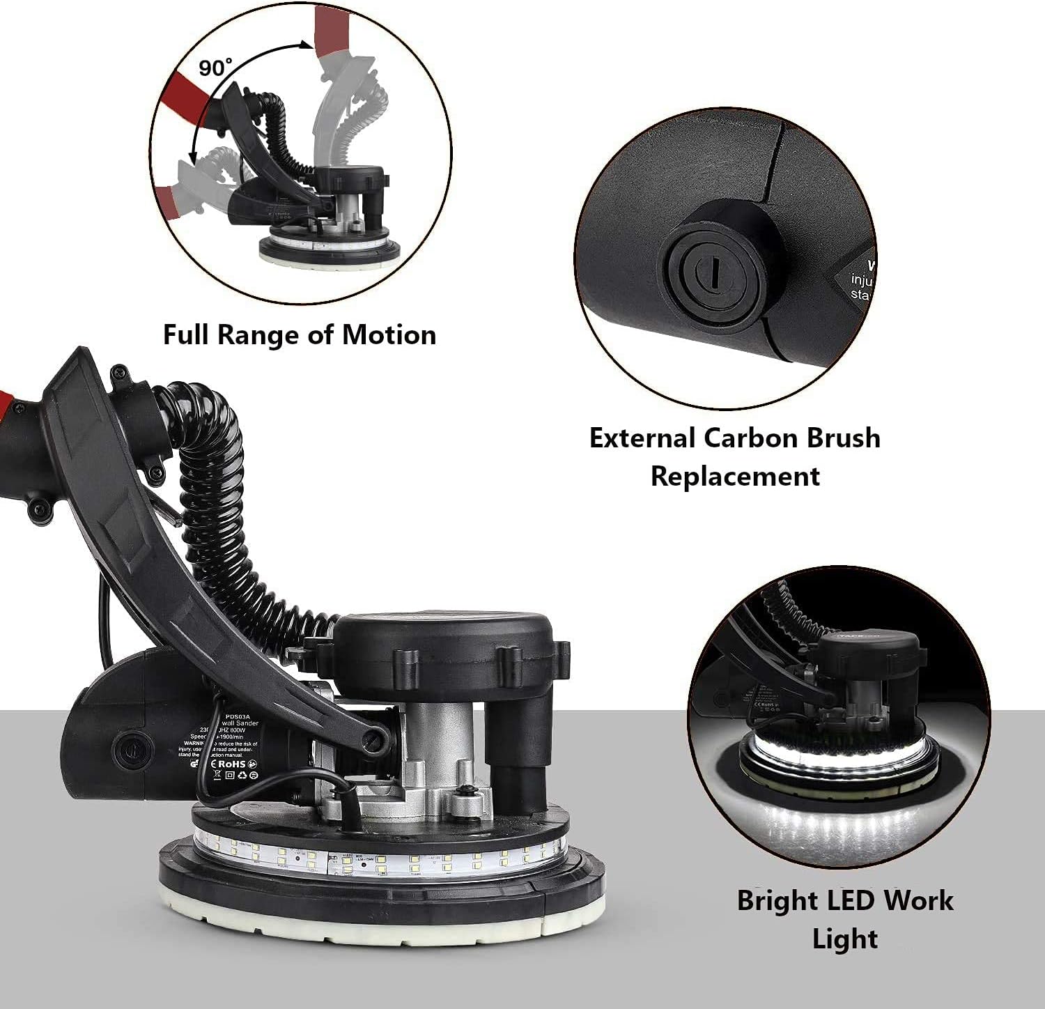 POWER PRO 1090X Drywall Sander, 800W Drywall Sander with Turbofan Dust Collection Design, 12 Sanding Discs, Vacuum Adapter, Surround LED Lights, 6 Variable Speed, Extendable Handle and Carrying Bag - - 