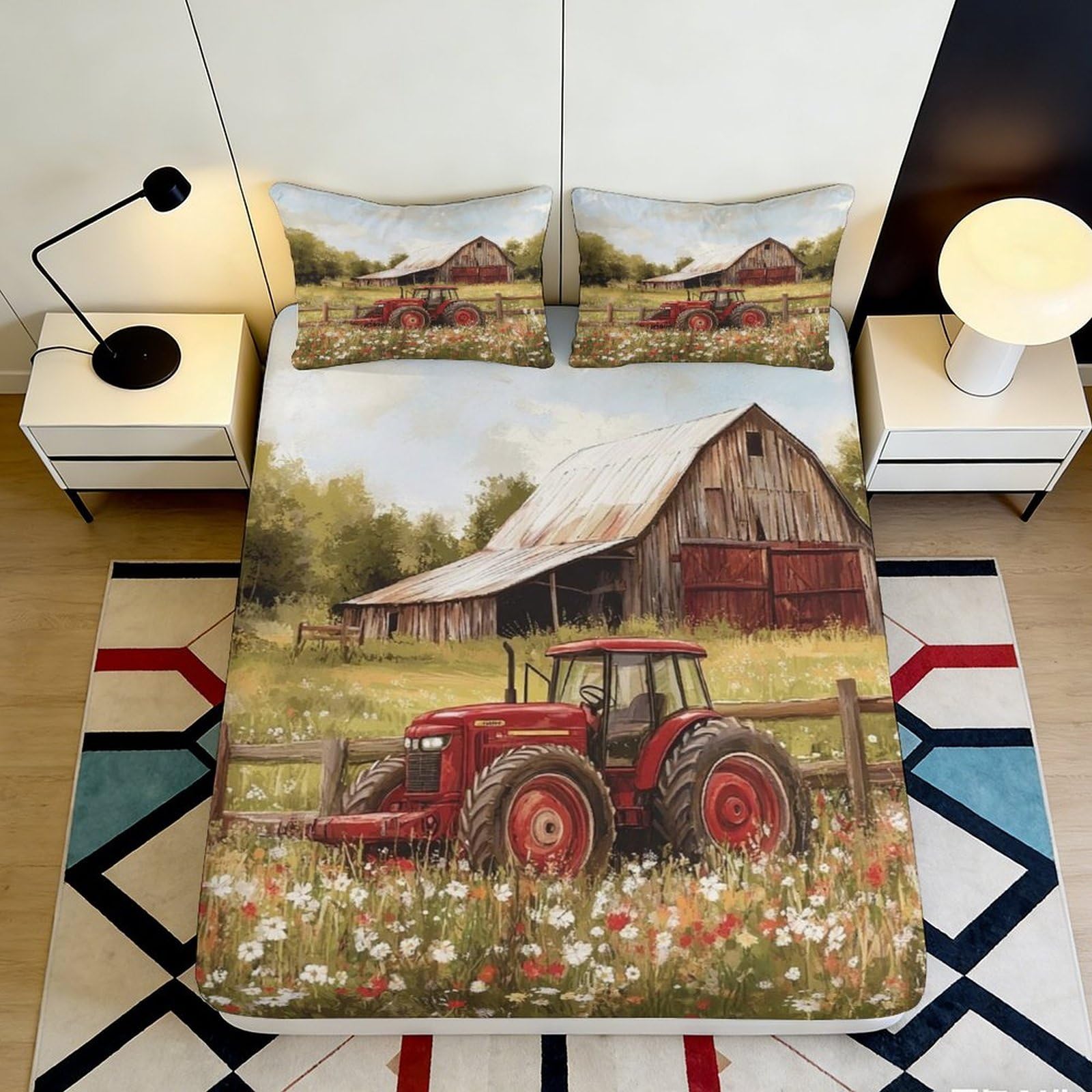 3D Printed Red Tractor Barn Fitted Sheet Microfiber Farmhouse Bed Cover for Bedroom Guest Room Decor 90x200x25cm