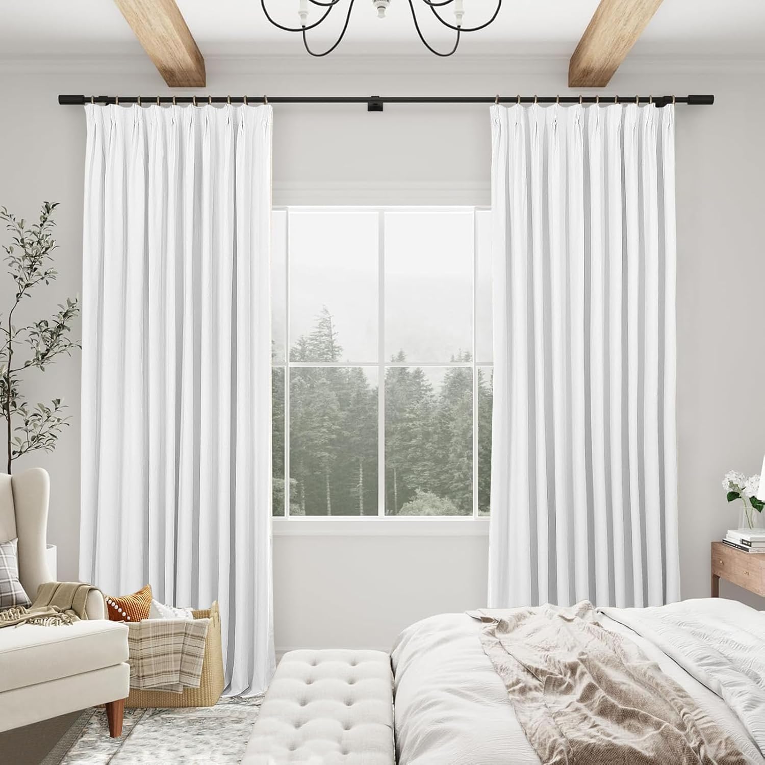 Pinch Pleat 100% Blackout Curtains Thermal Insulation and Noise Reduction Curtain White Silicone Coating Drapes Suitable for Living Rooms and Bedrooms.40 Width 63 Inch Long,2 Panels,White