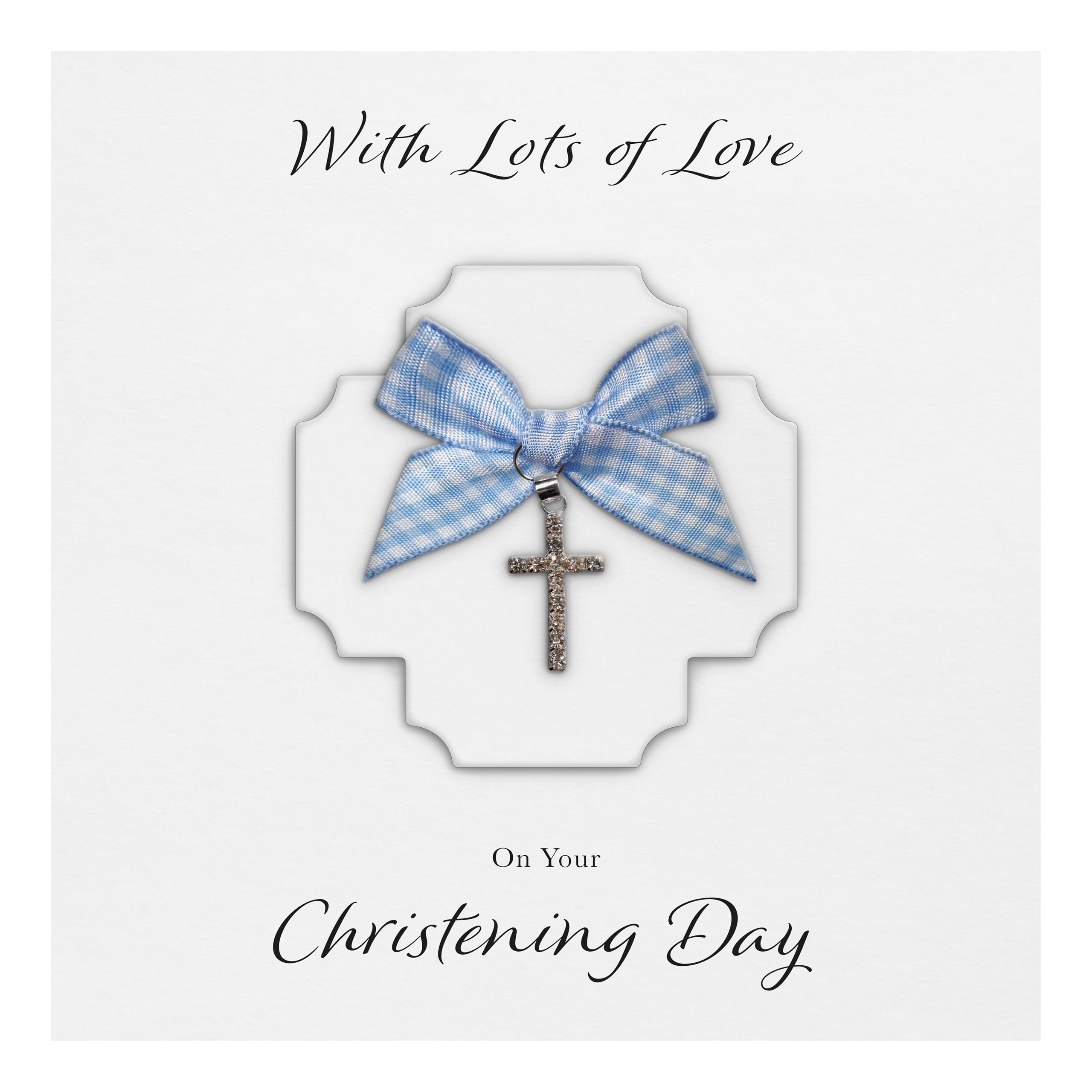 Christening Card "Diamanté Cross Charm & Bow" - Handmade UK (White Cross/Blue Gingham Bow)
