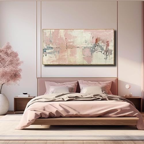 Miniatura 3 de YJYart Arte de pared de lienzo rosa para decoración de sala de estar, 24 x 48 pulgadas, arte abstracto de pared blanco, lienzo blanco, decoración de