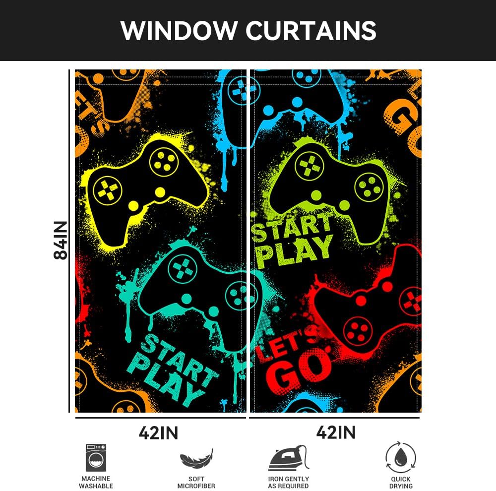 Neon Gamepad Modern Gaming Curtains Start Play Teen Boys Video Game Room Nursery Bedroom Living Room Window Decor Polyester Fabric Supplies 41 x 82 Inch Window Drapes 2 Panels - Image 6