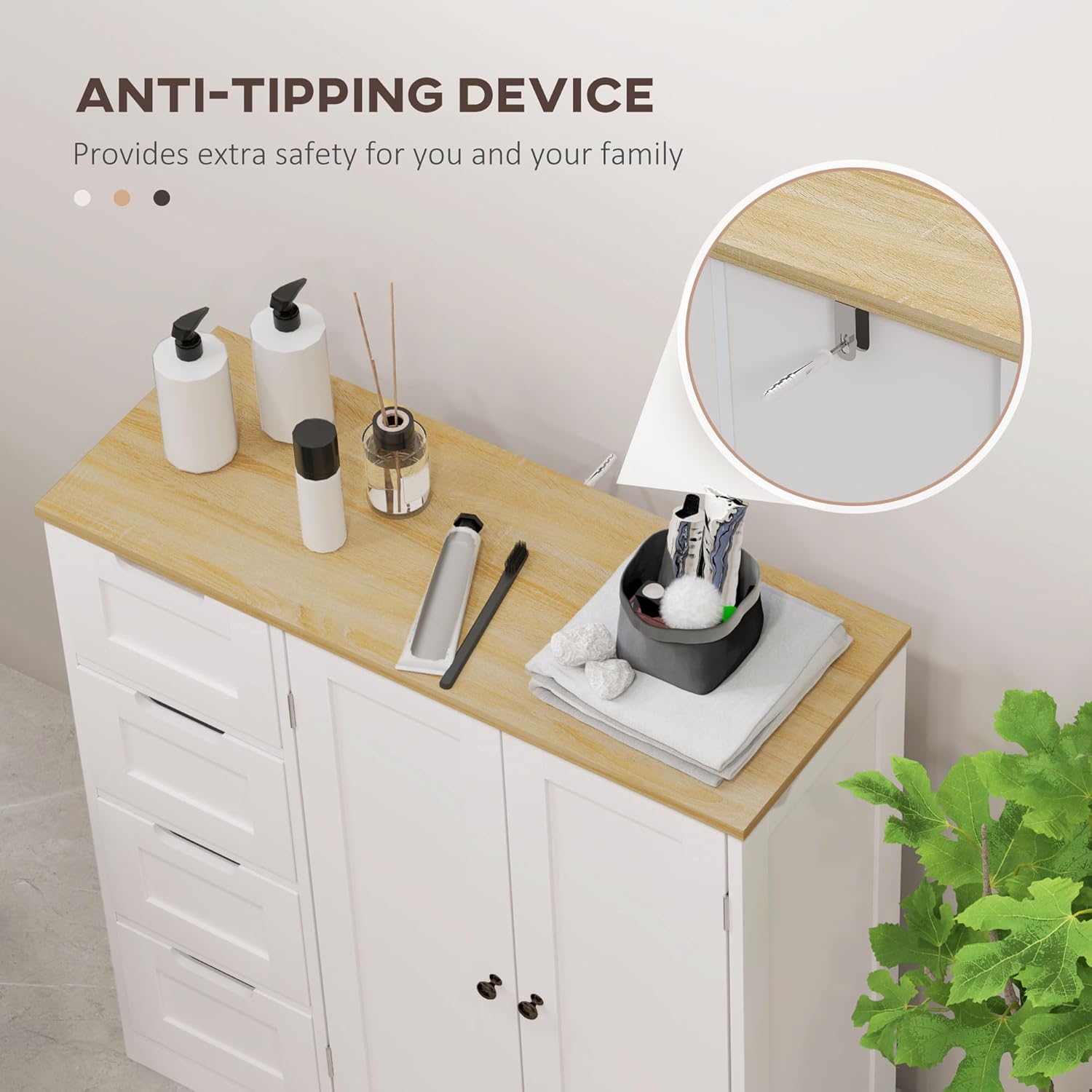 Close-up of the oak top, groove handles, and round knobs