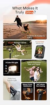 hohem iSteady V3 Ultra Gimbal Stabilizer for iPhone,Phone Gimbal with AI Tracking and Bi-Fill Light Built-in Extendable Rod & Tripod,Detachable Remote Control,Stabilizer for Video Recording (Black)