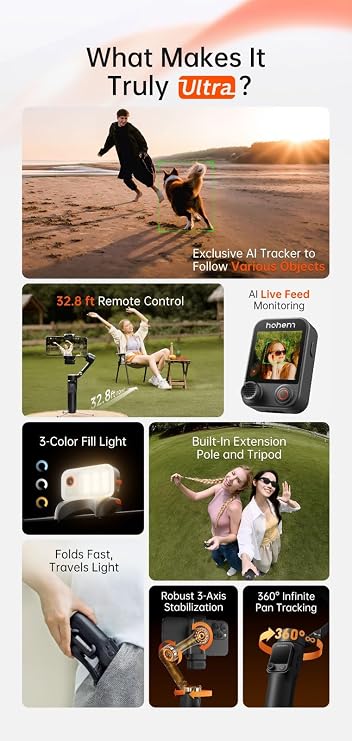 hohem iSteady V3 Ultra Gimbal Stabilizer for iPhone,Phone Gimbal with AI Tracking and Bi-Fill Light Built-in Extendable Rod & Tripod,Detachable Remote Control,Stabilizer for Video Recording (Black)