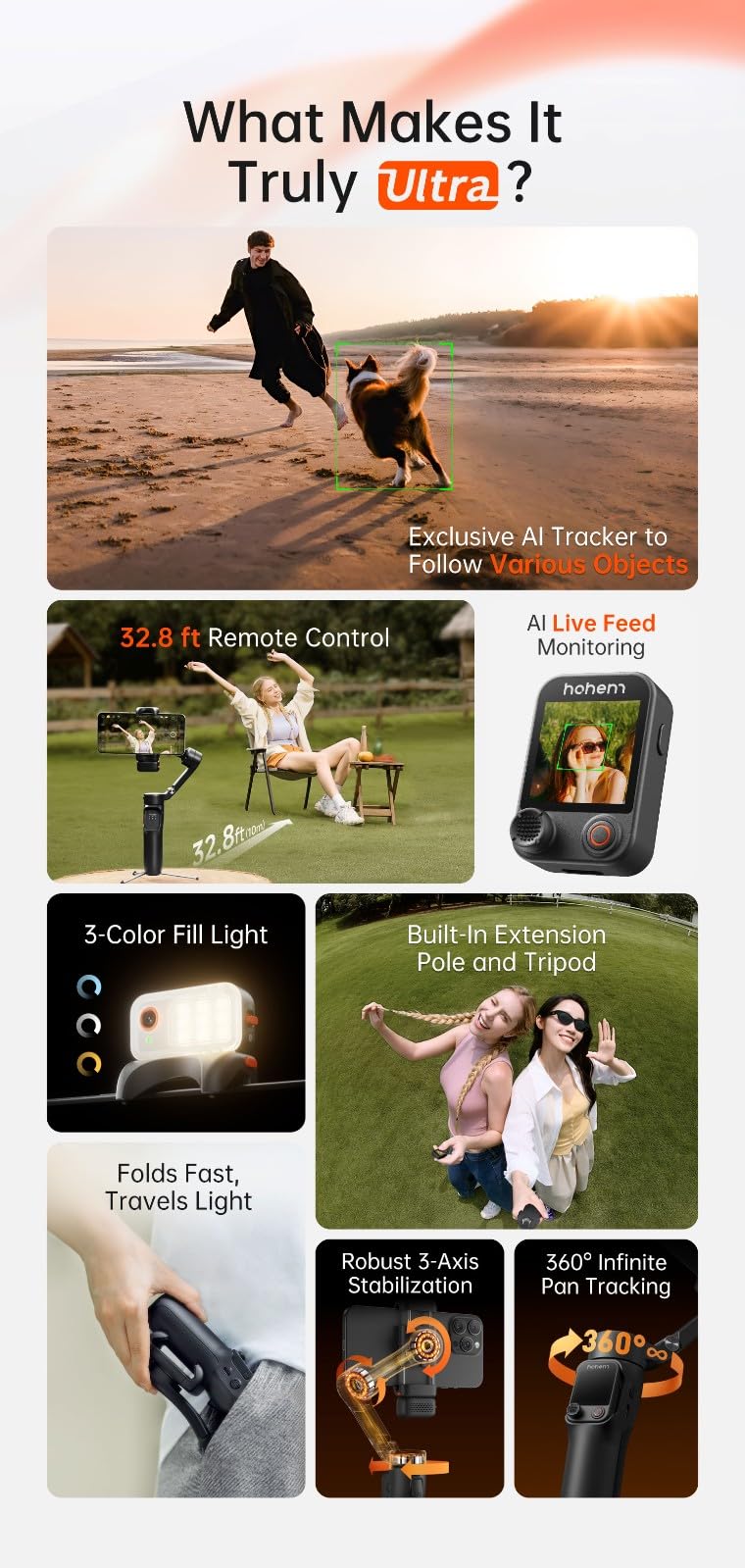 Hohem iSteady V3 Ultra Stabilizzatore per Smartphone, Follow AI a 360°, Controllo a Gesture, Telecomando Rimovibile con Schermo Touch da 1,22'', Asta di Estensione e Treppiede Gimbal per Vlog e TikTok