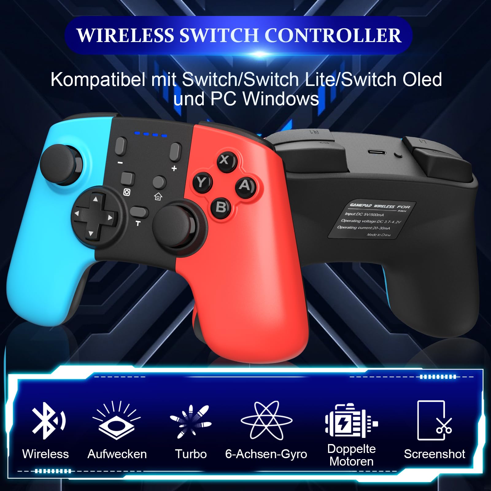 Gaaqii Switch Pro Controller Wireless Gamepad für Switch OLED/Lite/PC mit Aufwachen, 6-Achsen Gyroskop, Doppelmotor, Turbo und Screenshot