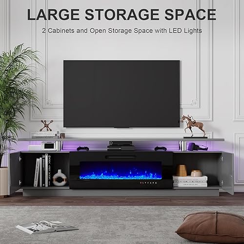 Miniatura 4 de Soporte de TV con chimenea de 80 pulgadas, moderno centro de entretenimiento LED con chimenea eléctrica de 40 pulgadas, consola multimedia de