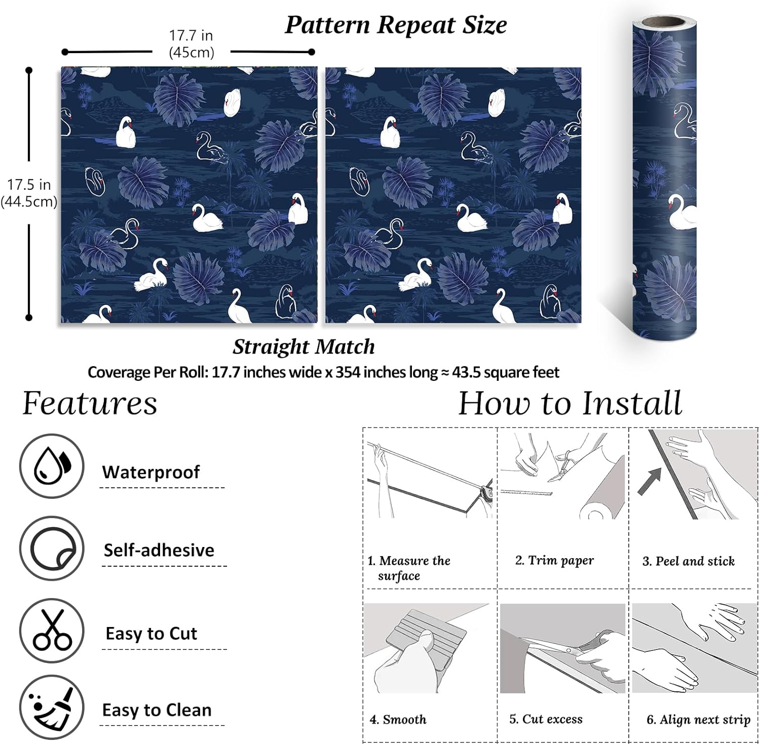VEELIKE Navy Blue Tropical Leaves Peel and Stick Wallpaper Island Swan Wallpaper 17.7''x354'' Navy Blue Wallpaper Peel and Stick for Bedroom Bathroom Removable Blue Contact Paper for Walls Nursery