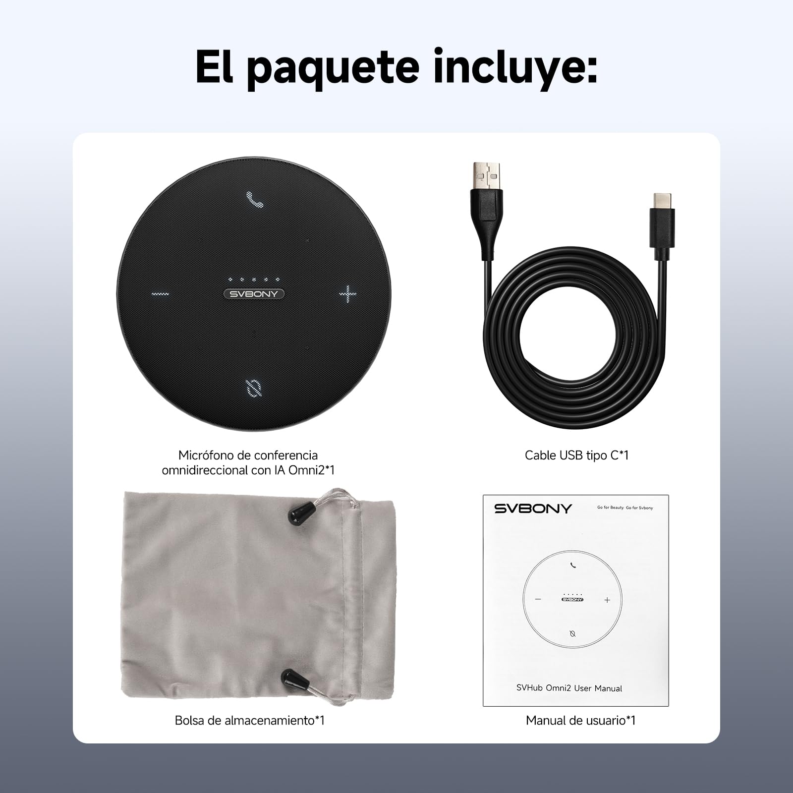 SVBONY Svhub Omni2 Altavoz y Micrófono para Conferencias, Altavoz Portátil, 4 Micrófonos con Cancelación de Ruido, Grabación de Voz Mejorada, 8Hde Duración de Llamada, para Salas de Reuniones Pequeñas