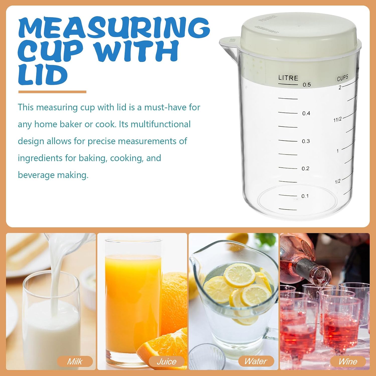 Baking Measuring Cup with Lid, 500ml Kitchen Graduated Cup for Flour and Liquid, Food-grade Plastic Milk and Coffee Measuring Tool for Household Baking and Cooking