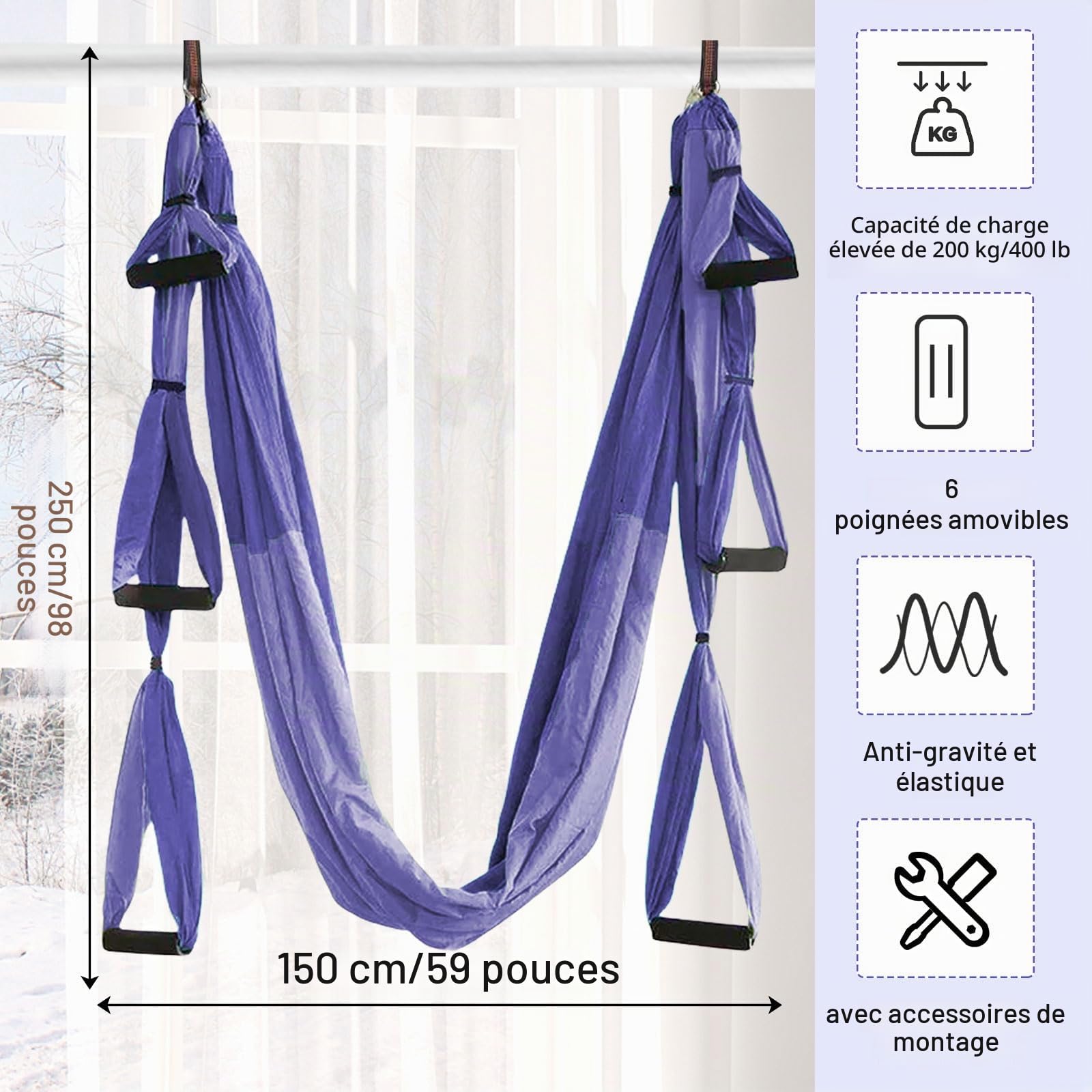 Hamac de Yoga Aérien, Anti-Gravité Sangle de Yoga Aérien avec poignées détachables Bande d'exercice pour yoga Bande Extensible pour Jambes, Ballet, Pilates, Gymnastique