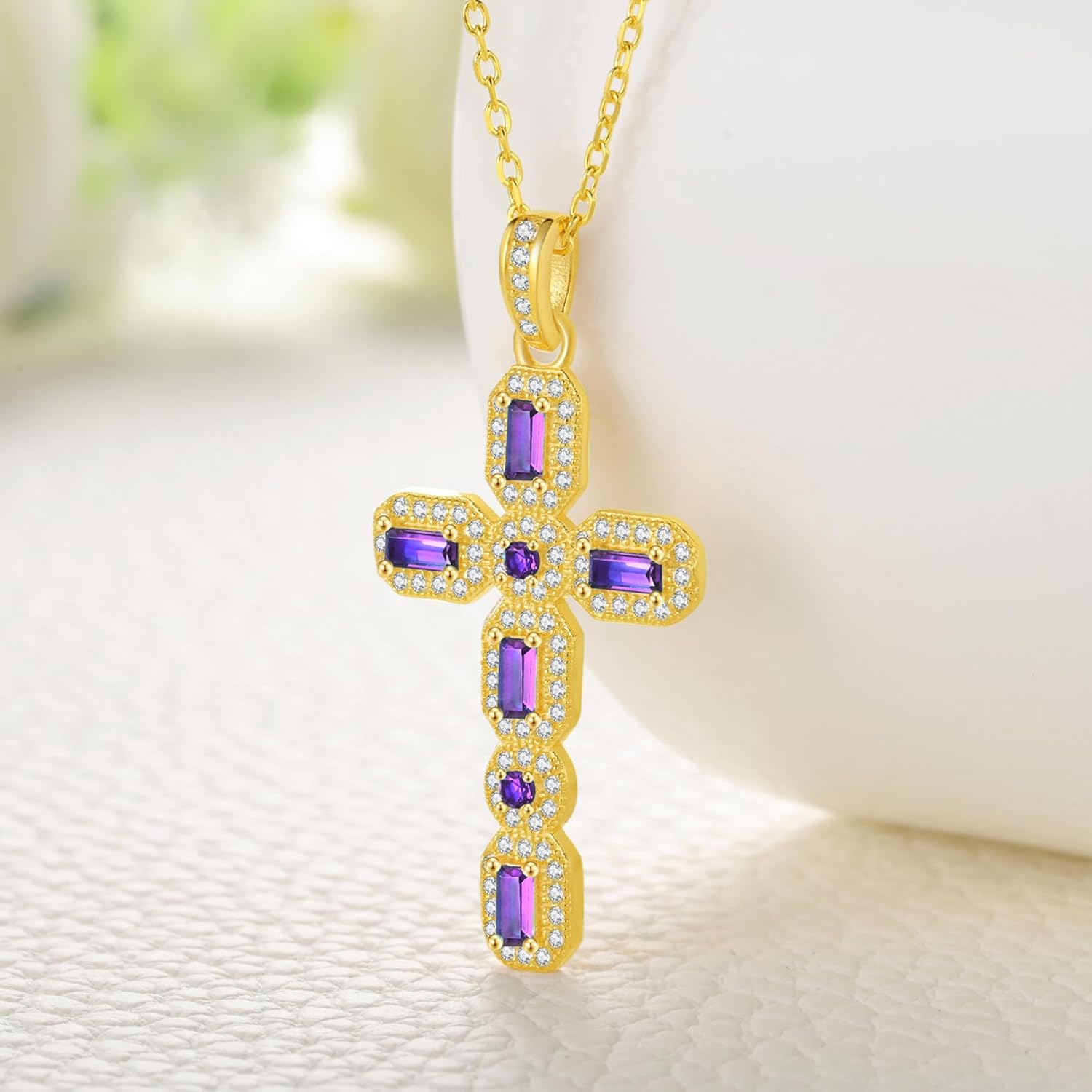 18K Gold Plated Cross Necklace for Women, Birthstone Cross Necklaces, 925 Sterling Silver Jewelry Pendant with 5A Crystal Cubic Zirconia, Birthday Anniversary Christian Gifts for Women Wife - Image 2