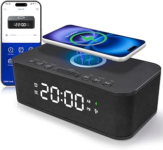 FansbeDirect Dual Alarm Clock Radio: Bluetooth Speaker, 10 Alarms, 23 White Noise Sounds, Wireless Charging, FM - Black
