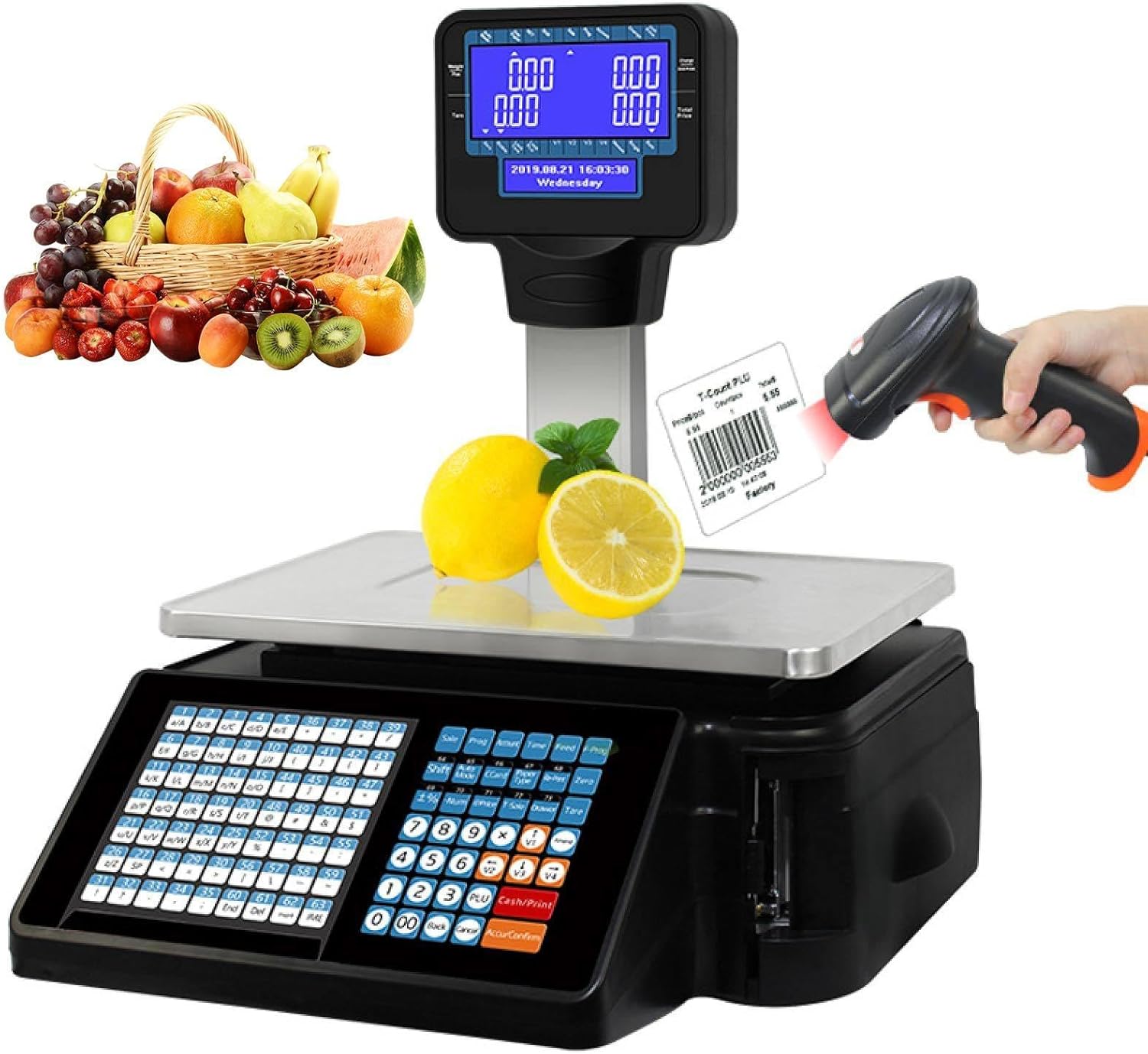 30Kg Cash Register Scale, Digital Barcode Weighing Scales,Tower Pole Display, Scale with Integral Printer,for Supermarket/Retail Store/Warehouse Weighing,B