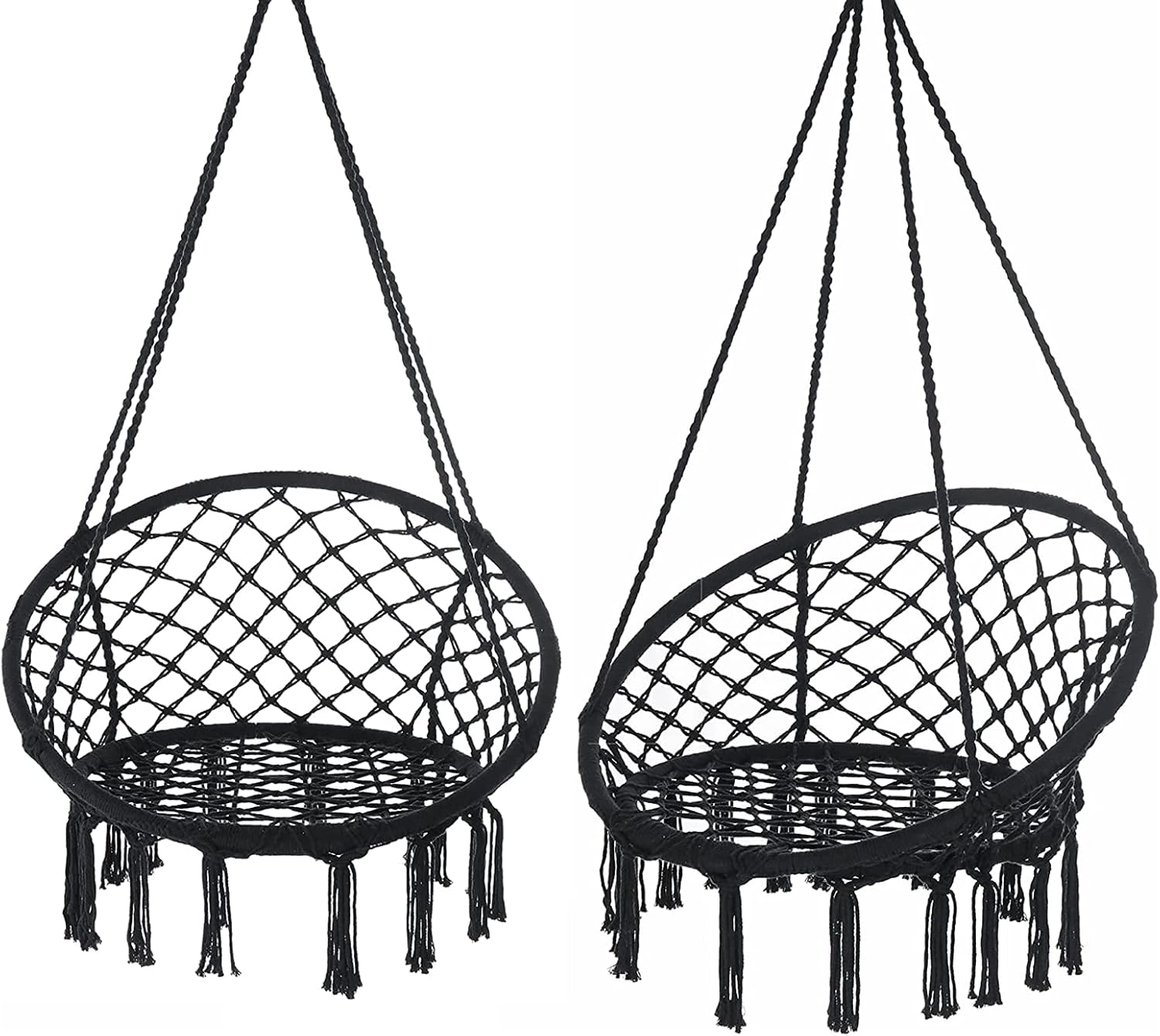 Garpans Macrame Hammock Set of 2 - Bohemian Style Hammock Swing Chairs with Tassels - Handmade Knitted Cotton Rope - Indoor/Outdoor - Max 330 Lbs - Black