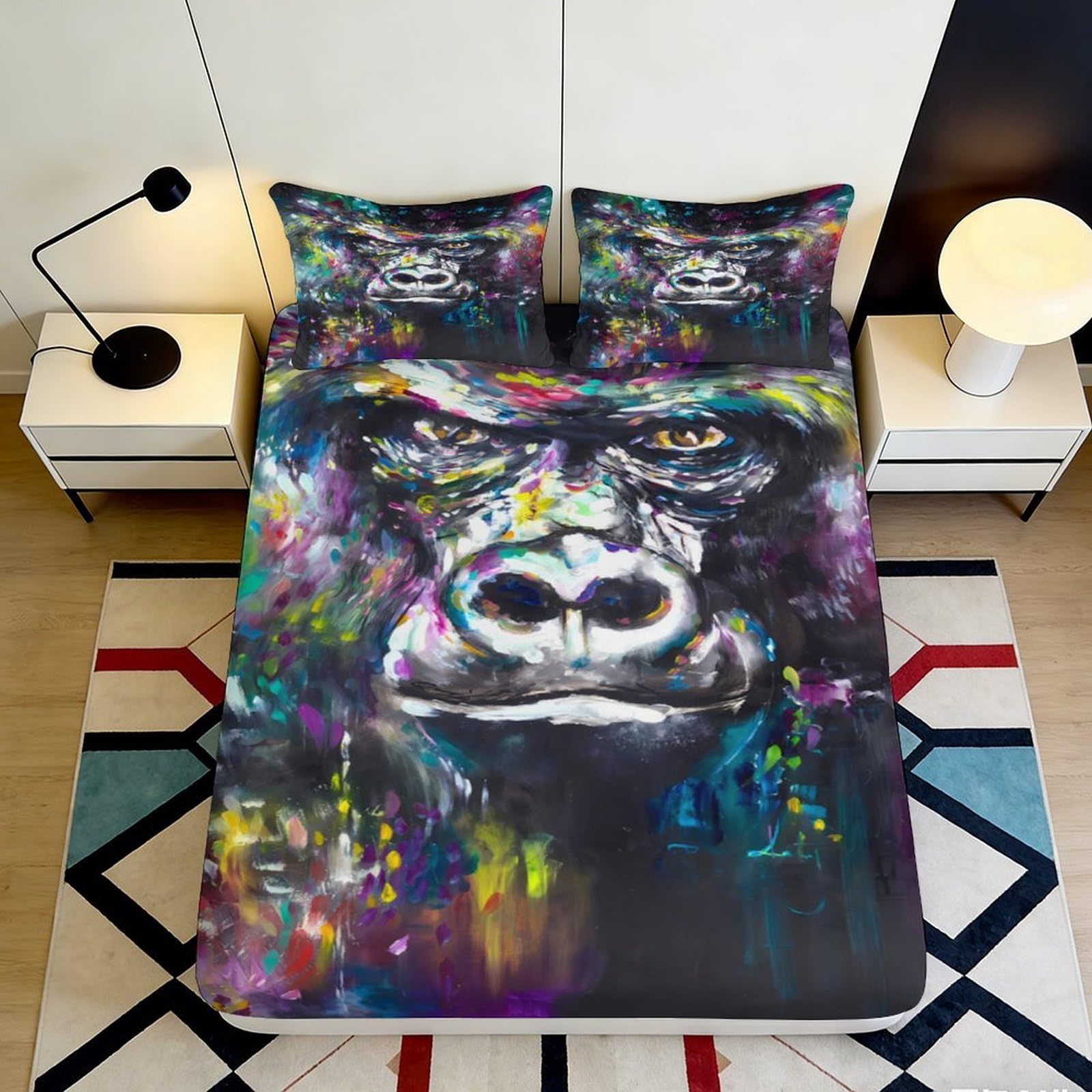 3D Printed Colourful Gorilla Fitted Sheet Microfiber Artistic Mattress Cover for Bedroom Guest Room Decor Easy Care 90x200x25cm