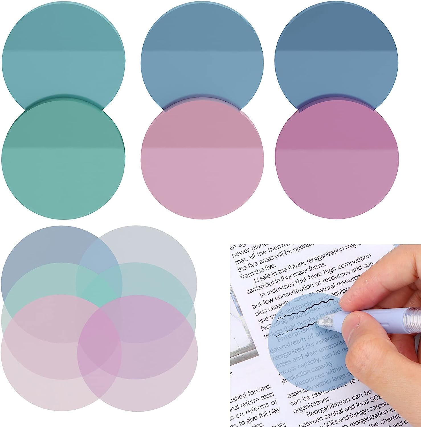 Beynant Round Sticky Notes, 6 Pack, 1.75 Inches, Morandi, Cute Round, Clear Pads Waterproof Tabs, Page Markers, 300 Sheets