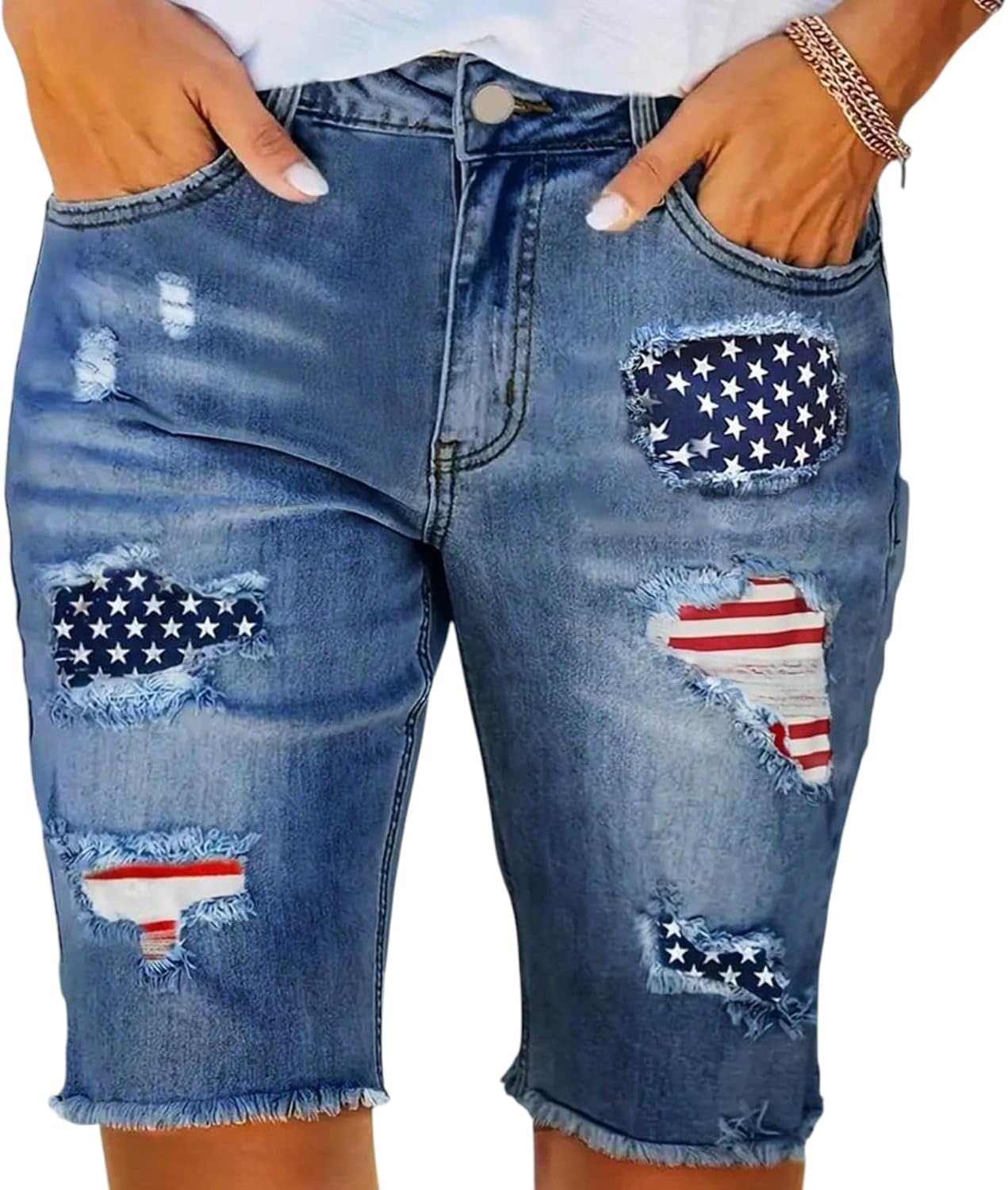 2026 Womens Jean Bermuda Shorts High Waisted Ripped Distressed Casual Summer Denim Shorts American Flag Print