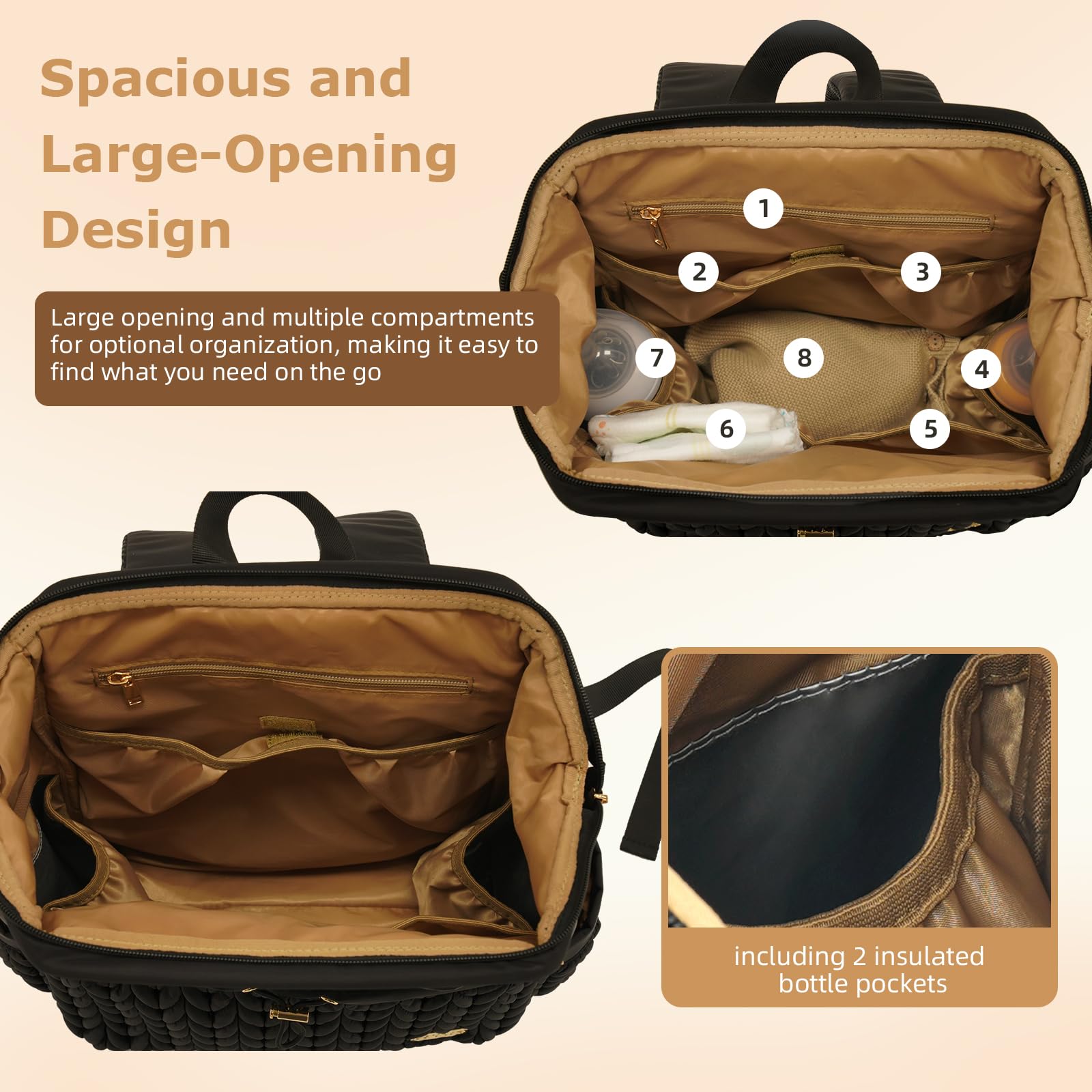 LUKJOJO Amanda Lightweigt Diaper Bag Backpack For Mom, Large Opening Travel Essentials Baby Bag, Multi Function Diaper Bag with with Changing Pad, Stroller Clips, Perfect Baby Shower Gifts(Black)