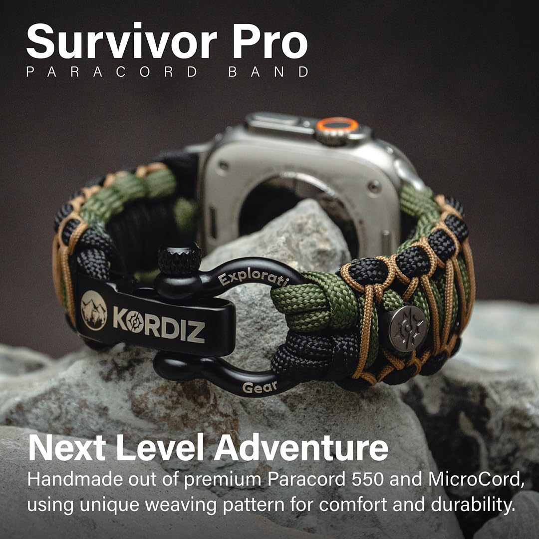 KORDIZ Survivor Pro pasek spadochronowy do Apple Watch Series Ultra i 9/8/7/6/5/4/3/2/1/SE, 49 mm, 45 mm, 44 mm, 42 mm, z regulowanym paskiem ze stali nierdzewnej