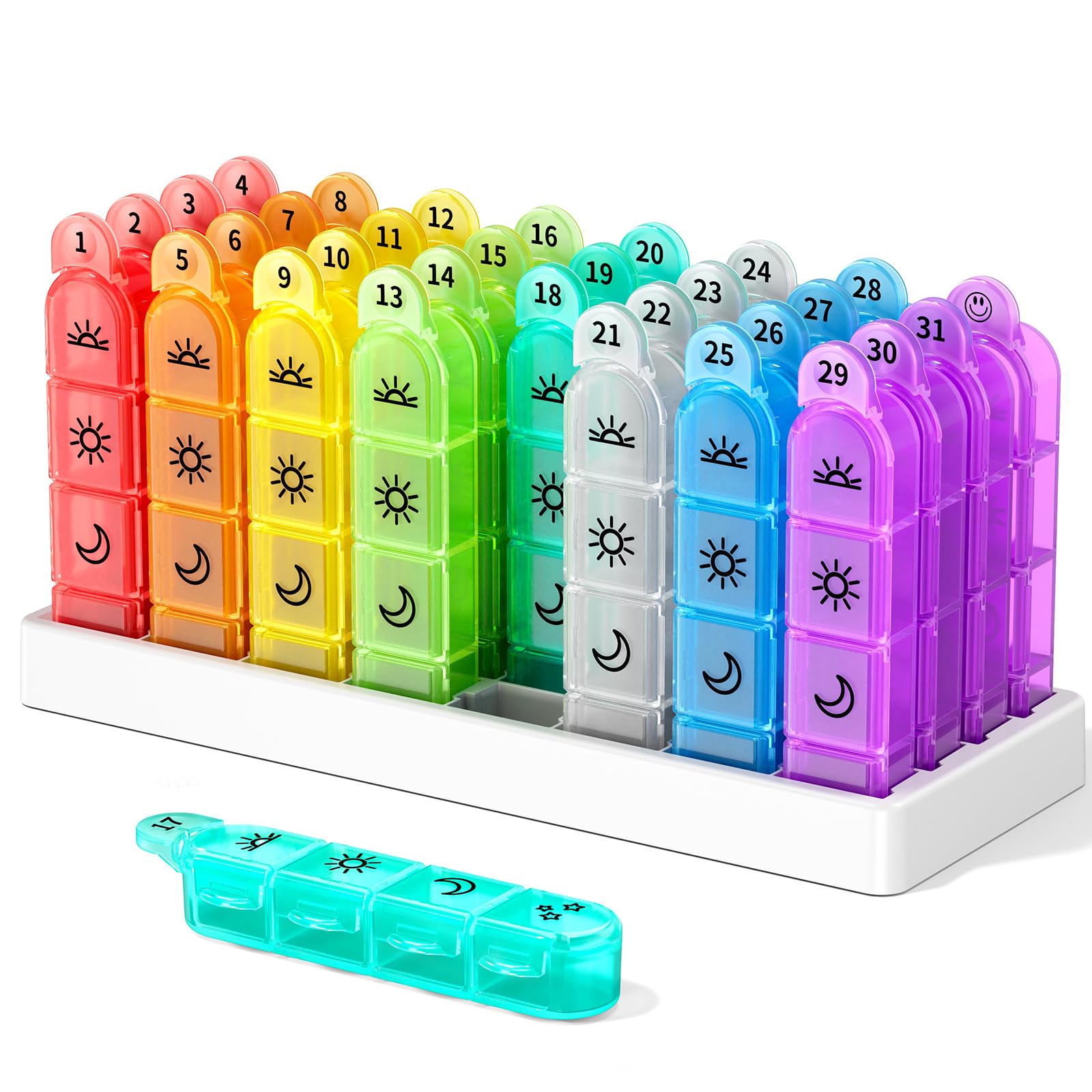 Colorwing Pilulier Mensuel 32 Jours - Pilules 4 Fois | Modèle avec motif, facile à saisir, facile à ouvrir et amovible individuellement