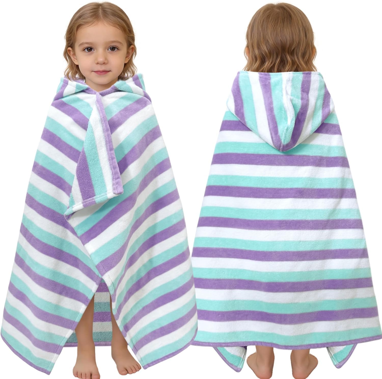 VOOVA & MOVAS Blue Purple Stripe Hooded Baby Towels Age 0-3,100%Cotton,Soft | 40"x25", Beach Pool Bath Towel,Gift for Kids,Wearable Towel,Absorbent & Thick,Machine Washable Durable,Premium Quality Blue Purple Stripe 40"x25"(0-3 Years)