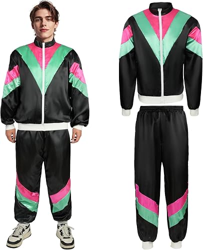 Costume Anni 80 Anni 90 Adulti,Tuta da Uomo e Donna, Set di Accessori per Costume Anni '80, Per Festa in Discoteca Carnevale, Halloween, Cosplay,(Abbigliamento Sportivo) - 8