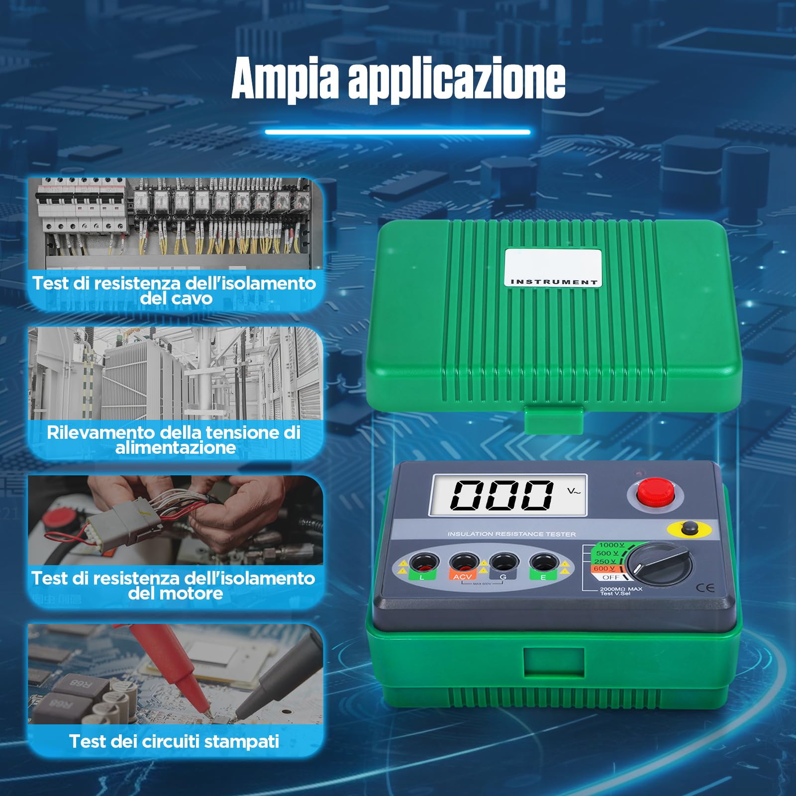 KAISAL Tester di resistenza all'insulazione digitale, 0.01M-2000 MΩ, tester di isolamento con linee di misurazione, punta bassa resistenza, Megaohmmeter DC 250 V/500 V/1000 V