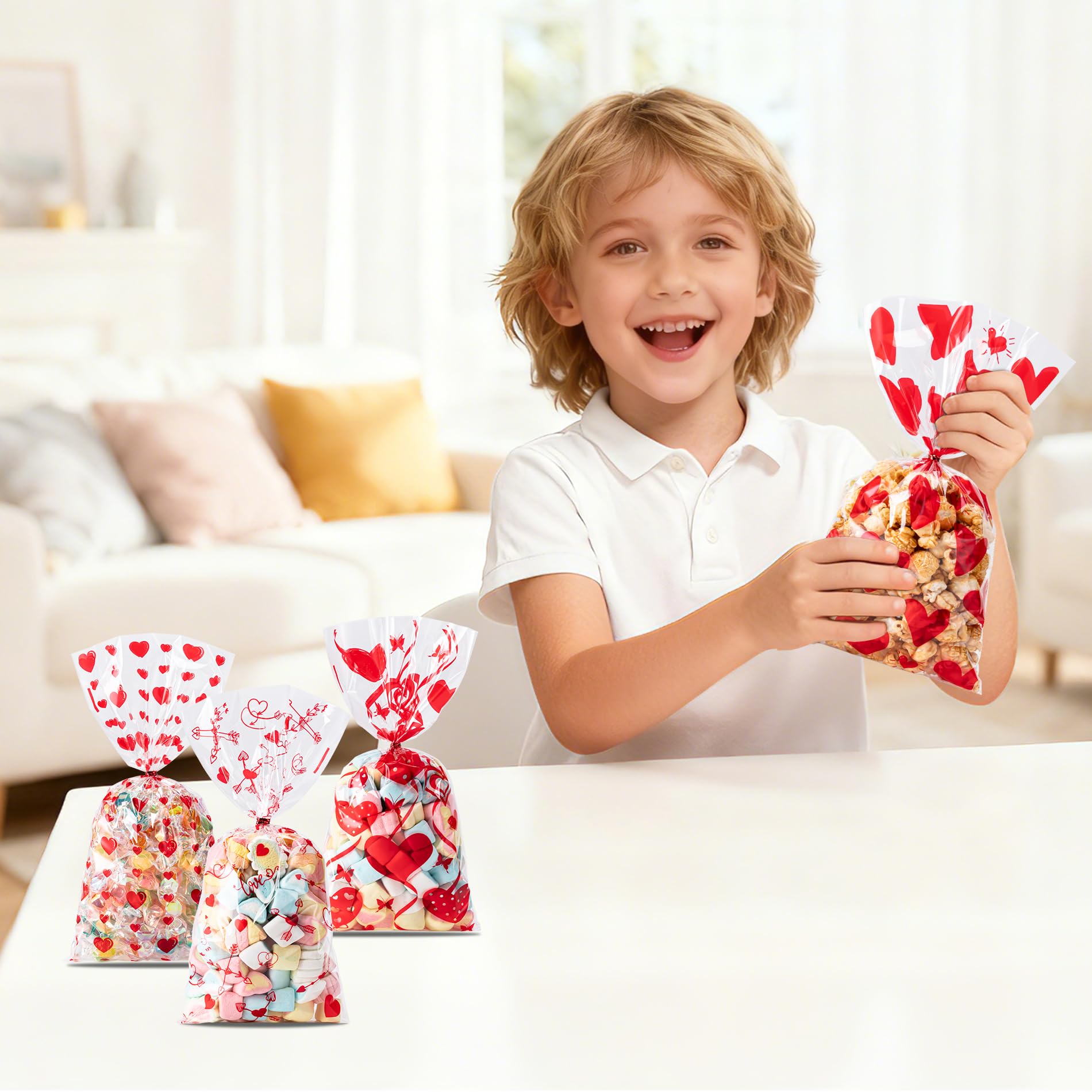 Aegero Valentines Cellophane Bags 120pcs Valentines Candy Bags with 140pcs Twists for Valentine's Candy Cookie Goodie Snack Bag for Valentines Day Wedding Party Favor Supplies,Classroom Parties Valentine02-Red Heart