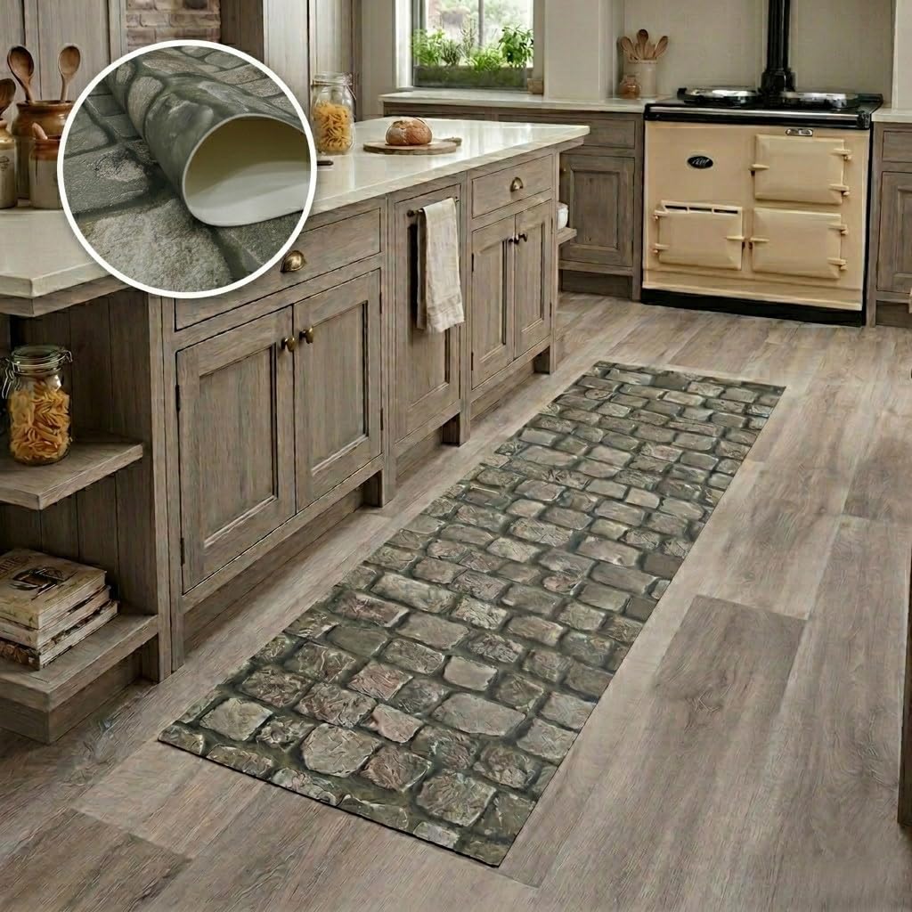 Alfombra vinílica lavable para cocina y salón con diseño de piedras naturales