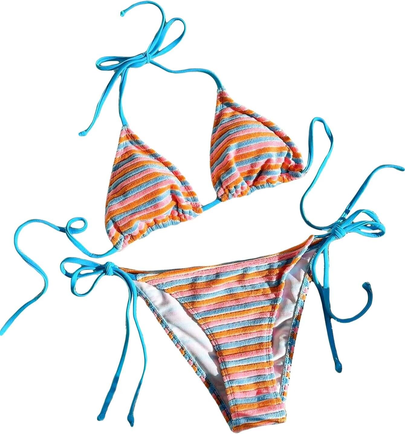 Women's Striped Knot Bathing Suit High Waisted Halter Triangle Swimsuit Bikini Set