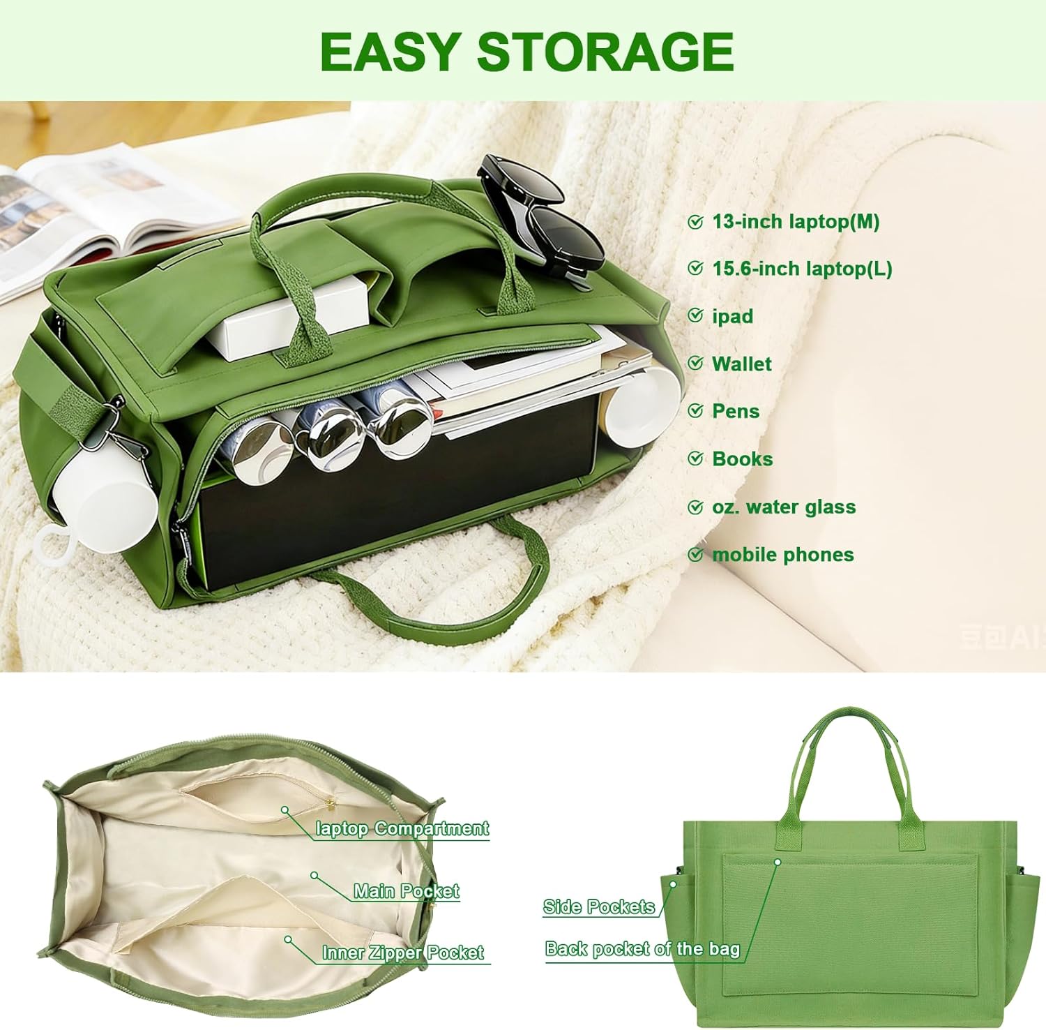 Canvas Tote Bag for Women With Pockets, Laptop Work Crossbody Purses Everything Shoulder Tote Bag Everyday Satchel Handbags - Image 4