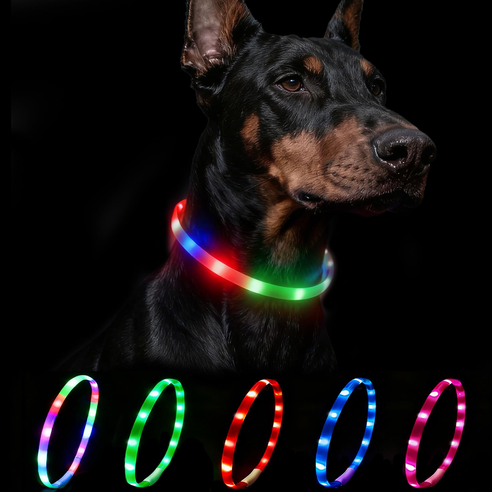 Nepfaivy Leuchthalsband Hund USB Aufladbar - Wasserdichtes Hundehalsband Leuchtend mit Verstellbarer Länge, LED Halsband für Hunde mit 4 Beleuchtungsmodi für Sicherheit, Mehrfarbig
