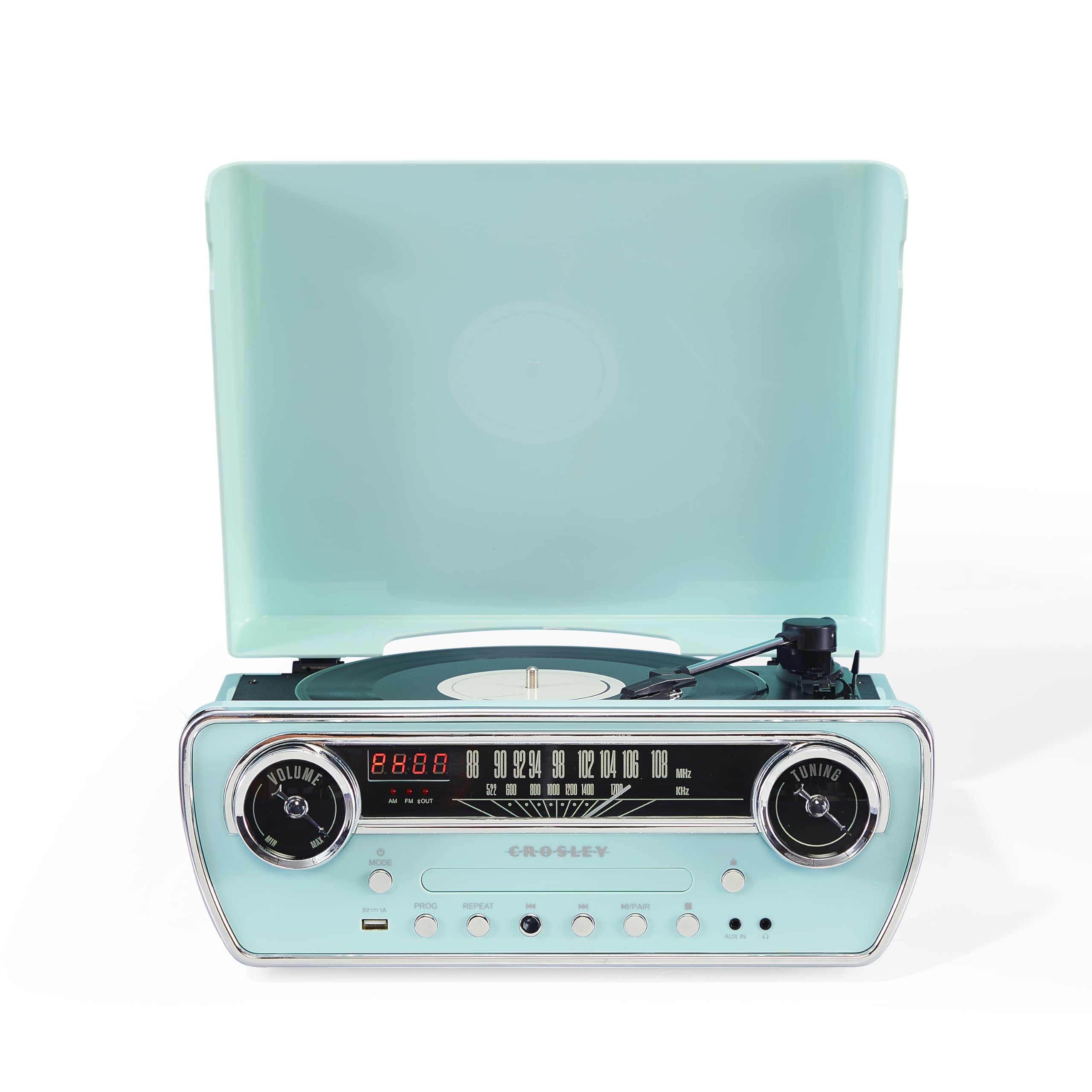 Crosley Powel Tourne-disque 7 en 1 avec haut-parleurs et lecteur CD – Design de voiture vintage – Système de divertissement Bluetooth avec radio AM/FM – Style rétro Aqua pour vinyle, musique numérique