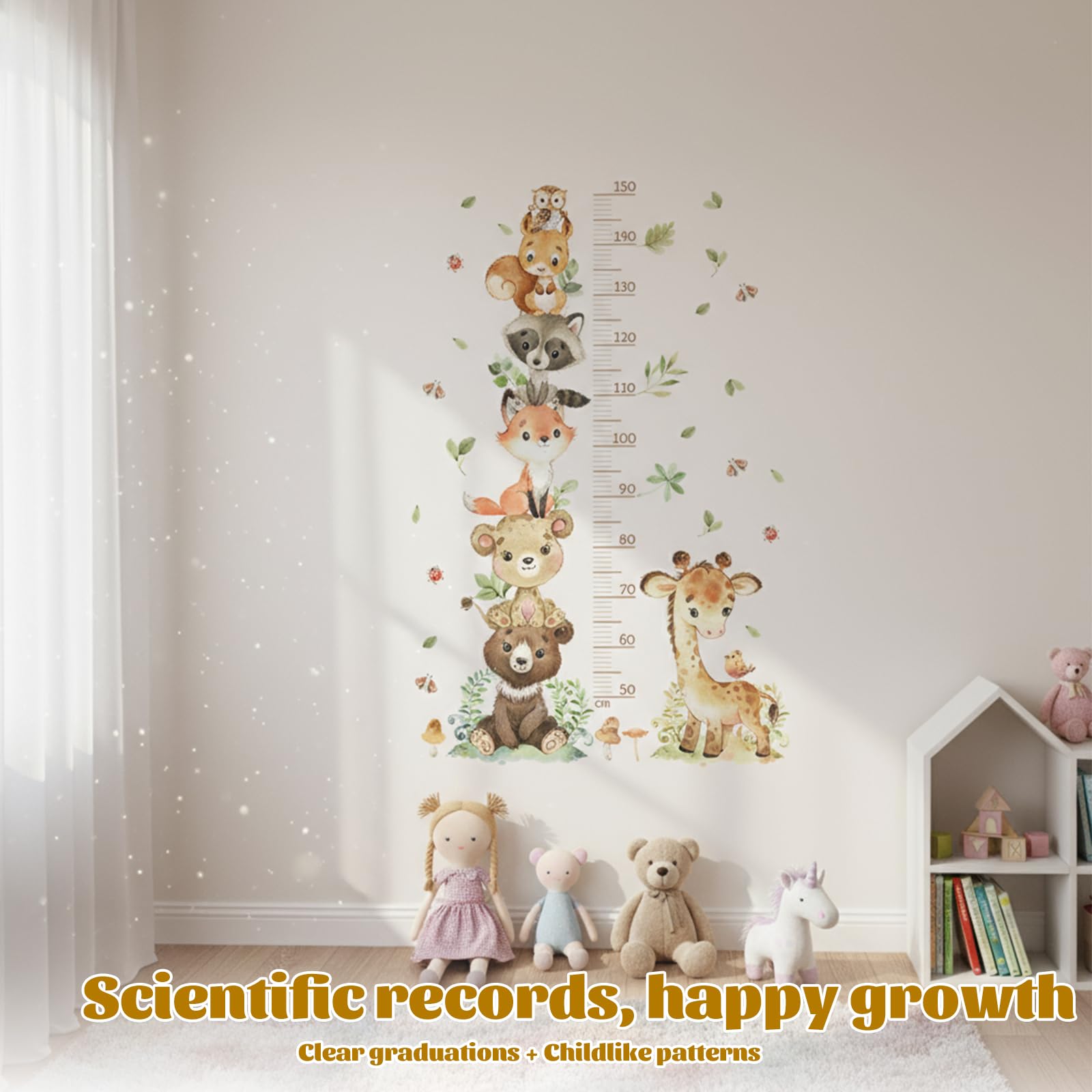 Toise Murale Enfant, Stickers Muraux Chambre Bébé, Règle de Hauteur Enfant, Autocollant Mural Animaux de la Forêt, Sticker Mural de Croissance 50-150 cm, pour Garçons et Filles