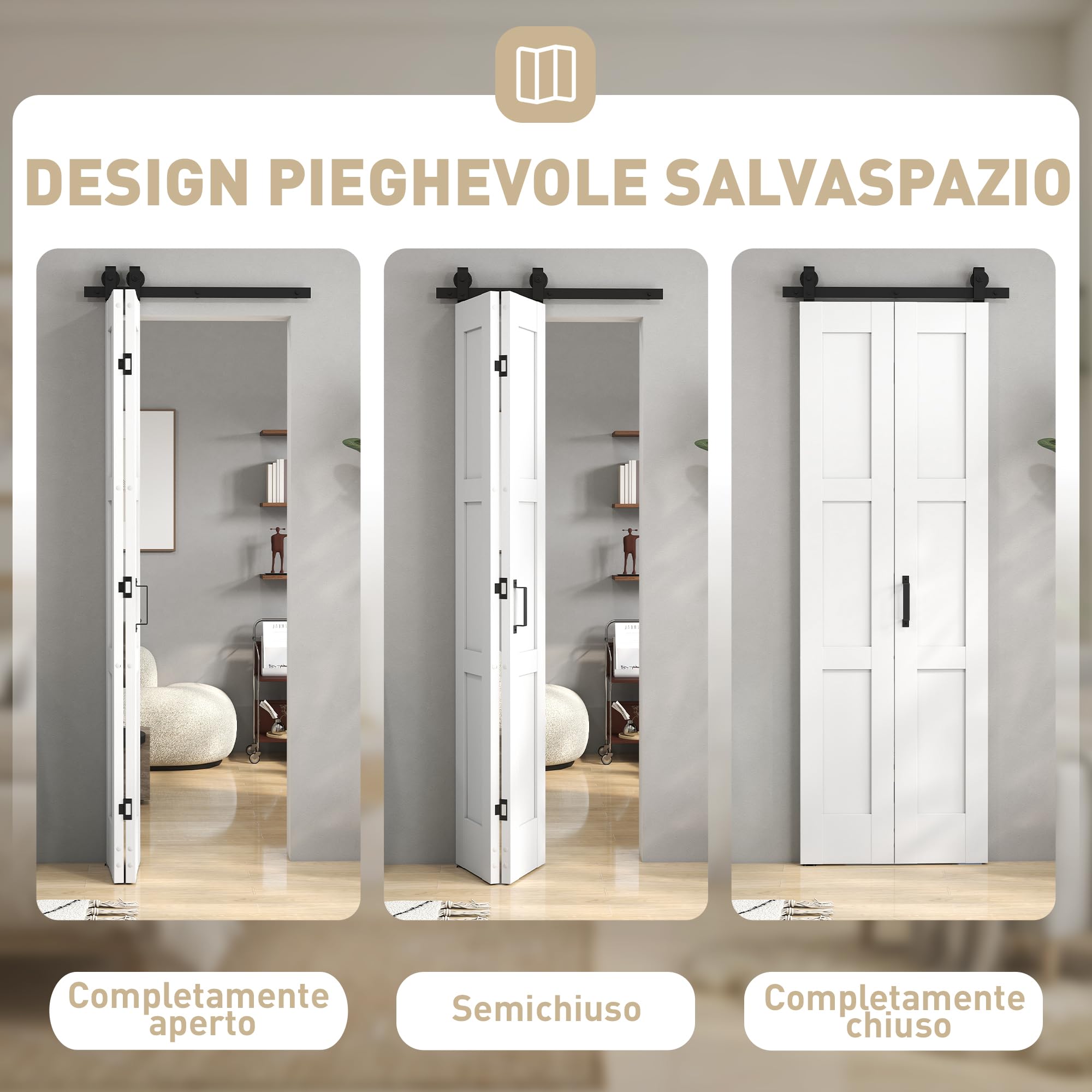 HOMCOM Porta Scorrevole Bi-fold Muro 71.2x213.4cm, Binario Silenzioso Acciaio, Maniglia, Guida, Ruote, Porta da Interno Stile Rustica, in MDF e Legno Pino, Impermeabile, per Cucina, Bagno