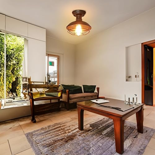 Miniatura 4 de Easric - Paquete de 2 lámparas de techo de montaje empotrado estilo casa de campo, lámpara de techo industrial rústica, jaula de metal negro, base