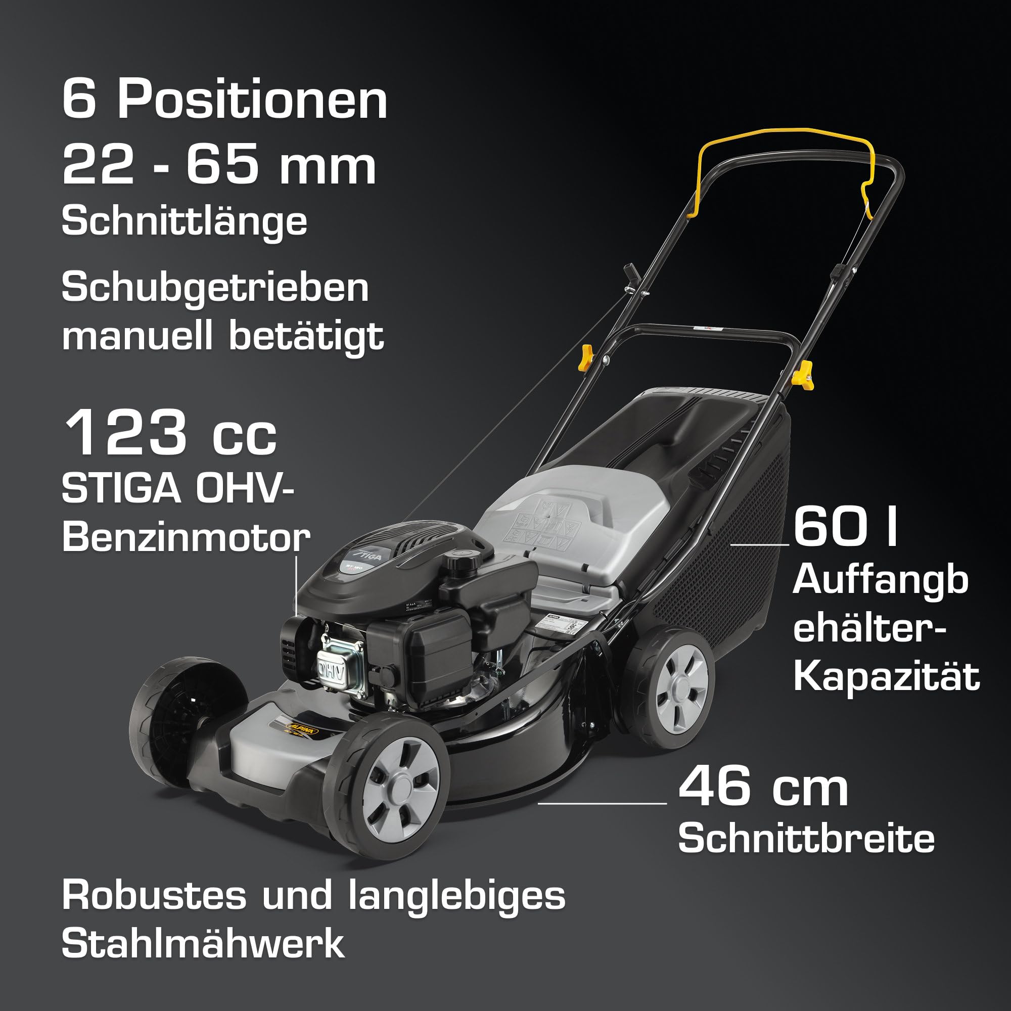 Alpina AL4 46 A Benzin-Rasenmäher, 125 cm³, 46 cm – Fangkorb 60 l, Zentrale Schnitthöhenverstellung (6 Stufen) – Rasenflächen bis 1.200 m²