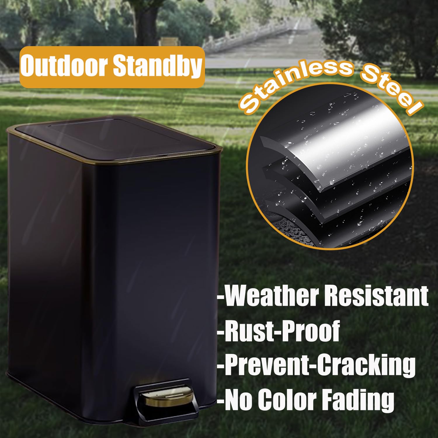 Dog Poop Trash Can Outside Stainless Steel - Metal Pooper Scooper Set - 12L Dog Waste Trash Can Outdoor with Pedal - Backyard, Yard - Removable Inner Bin, Long Handle Tray and Rake - Black and Gold