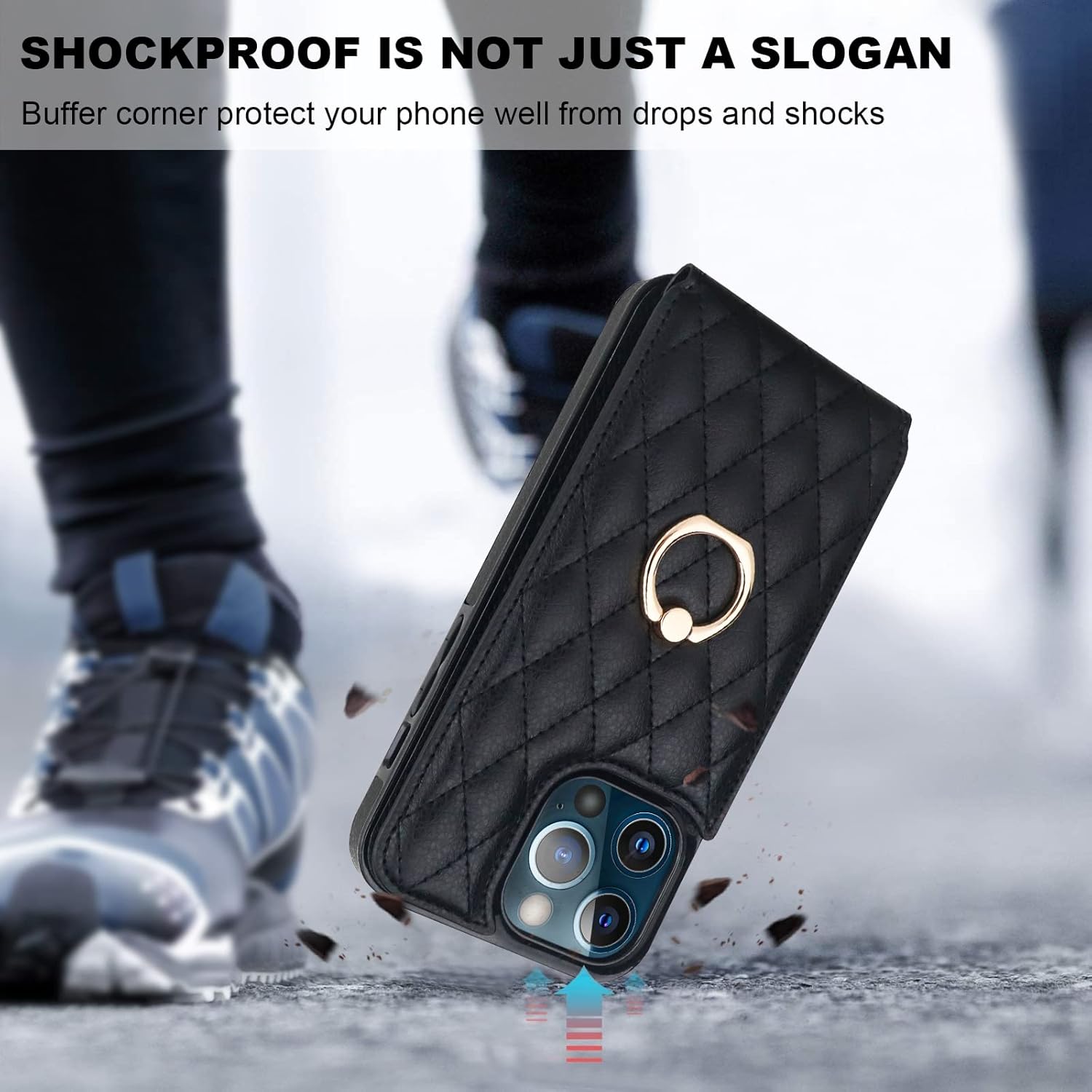 Folosu Compatible with iPhone 13 Pro Max Case Wallet with Card Holder, 360°Rotation Finger Ring Holder Kickstand RFID Blocking PU Leather Double Buttons Flip Cover 6.7 Inch Black - Image 7