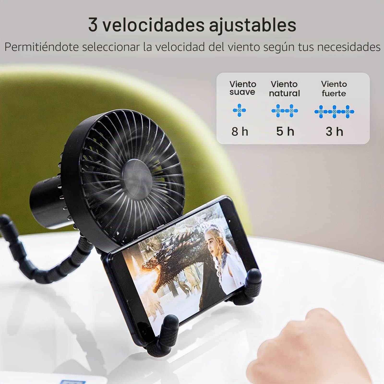 Ventilador USB Ventilador Carrito Bebe, Ventilador de Trípode Silencioso Multifunción, 3 Velocidades, Adecuado para Cochecito, Oficina, Camping al Aire Libre,