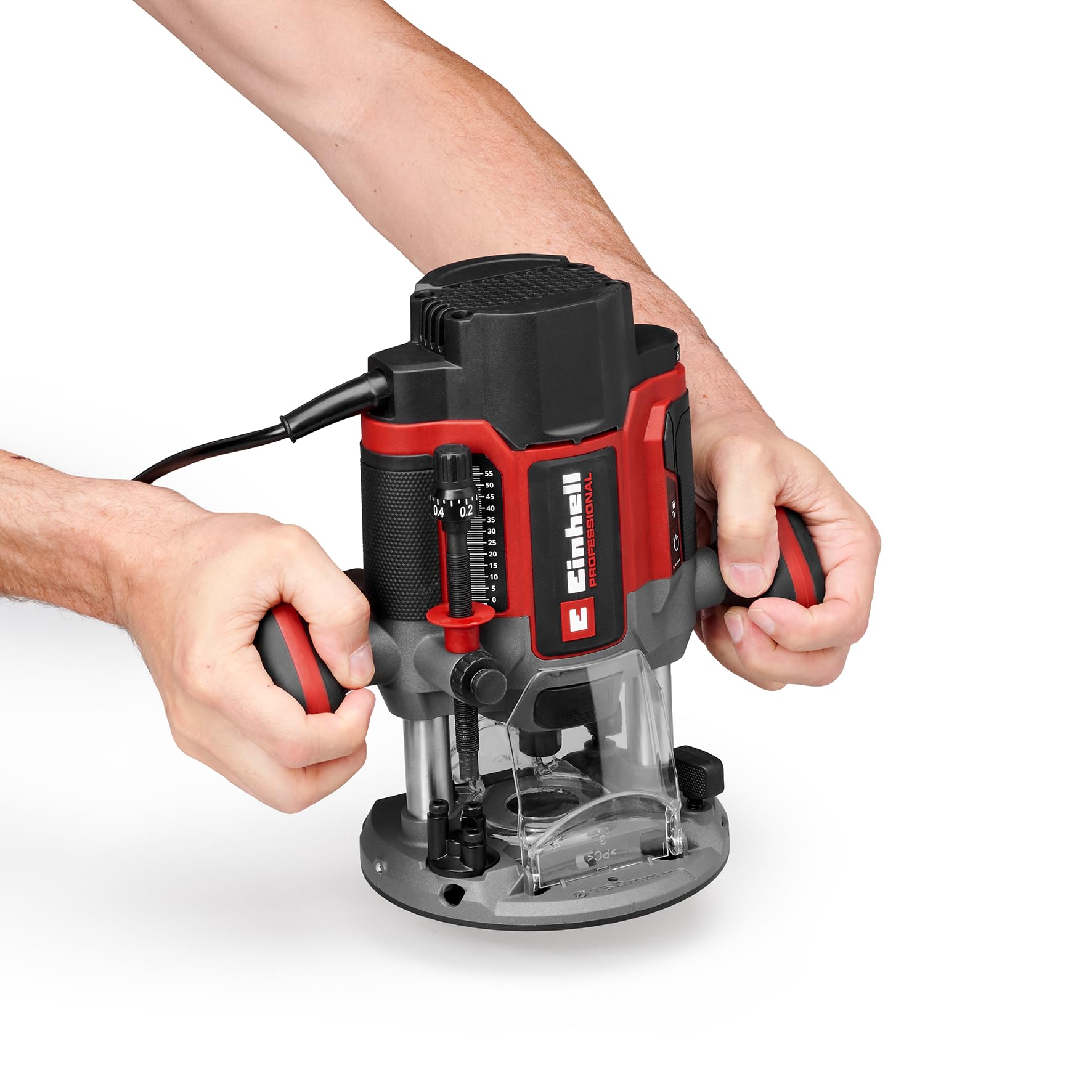 Einhell Professional Oberfräse TP-RO 1400 E (1400 W, Hubhöhe 55 mm, Spannzangen Ø 6 und 8 mm, LED-Licht, inkl. Parallelanschlag, Zirkelspitze, Kopierhülse & Werkzeug)