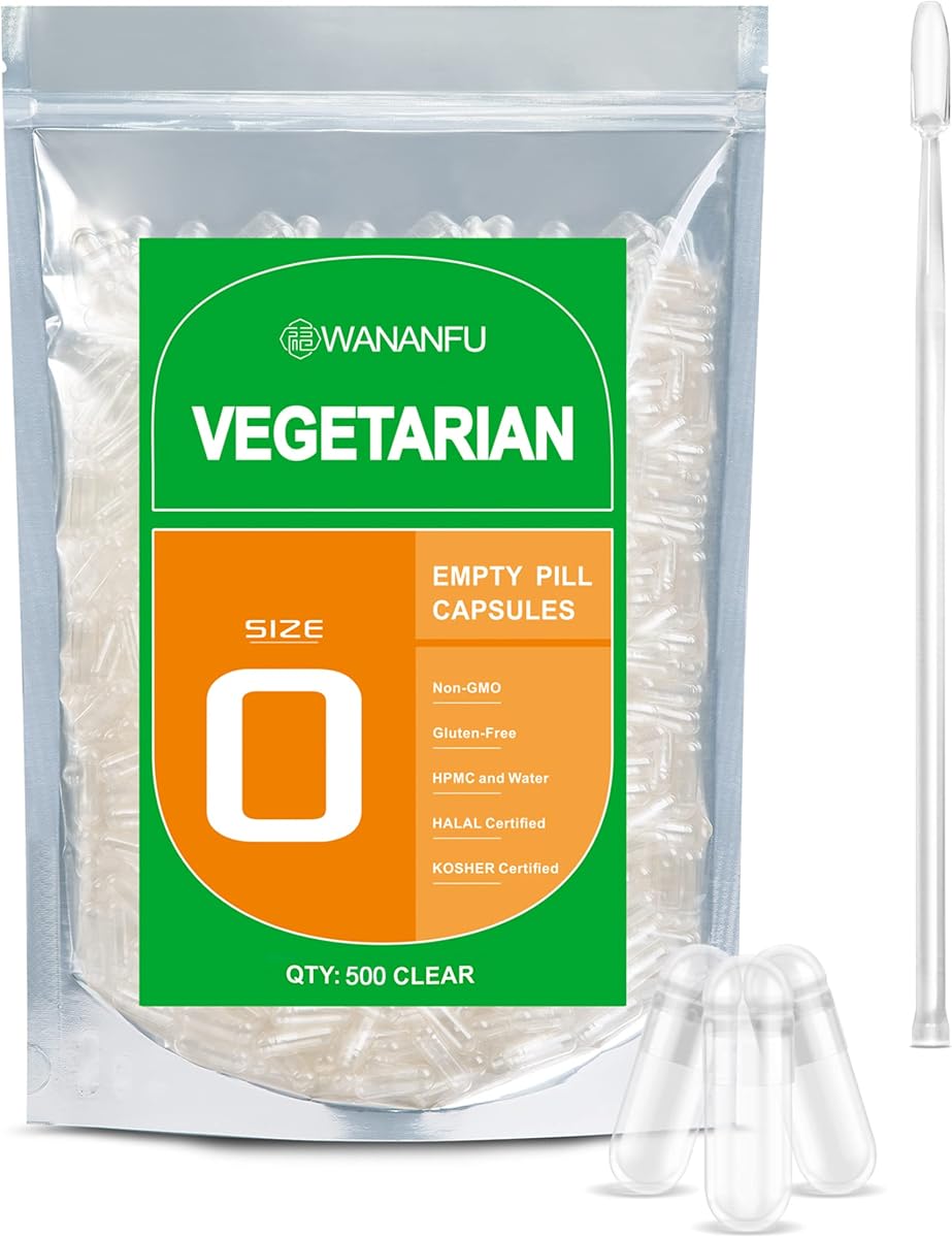 wananfu Size 0 Empty Capsules Vegetarian (500 Count) Bundle with Micro Lab Spoon, Clear Fillable Veggie Pill Capsules Size 0 for Making Your Own Supplements