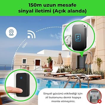 Kablosuz Kapı Zili Seti Pil Gerektirmez, Kinetik Enerjili Kapı Zili Pilsiz Şarjsız Kablosuz Fişi Prize Tak Çalıştır, LED Işıklı, Su Geçirmez, Ev Ofis Villa için Uygun (1 Verici + 1 Alıcı)
