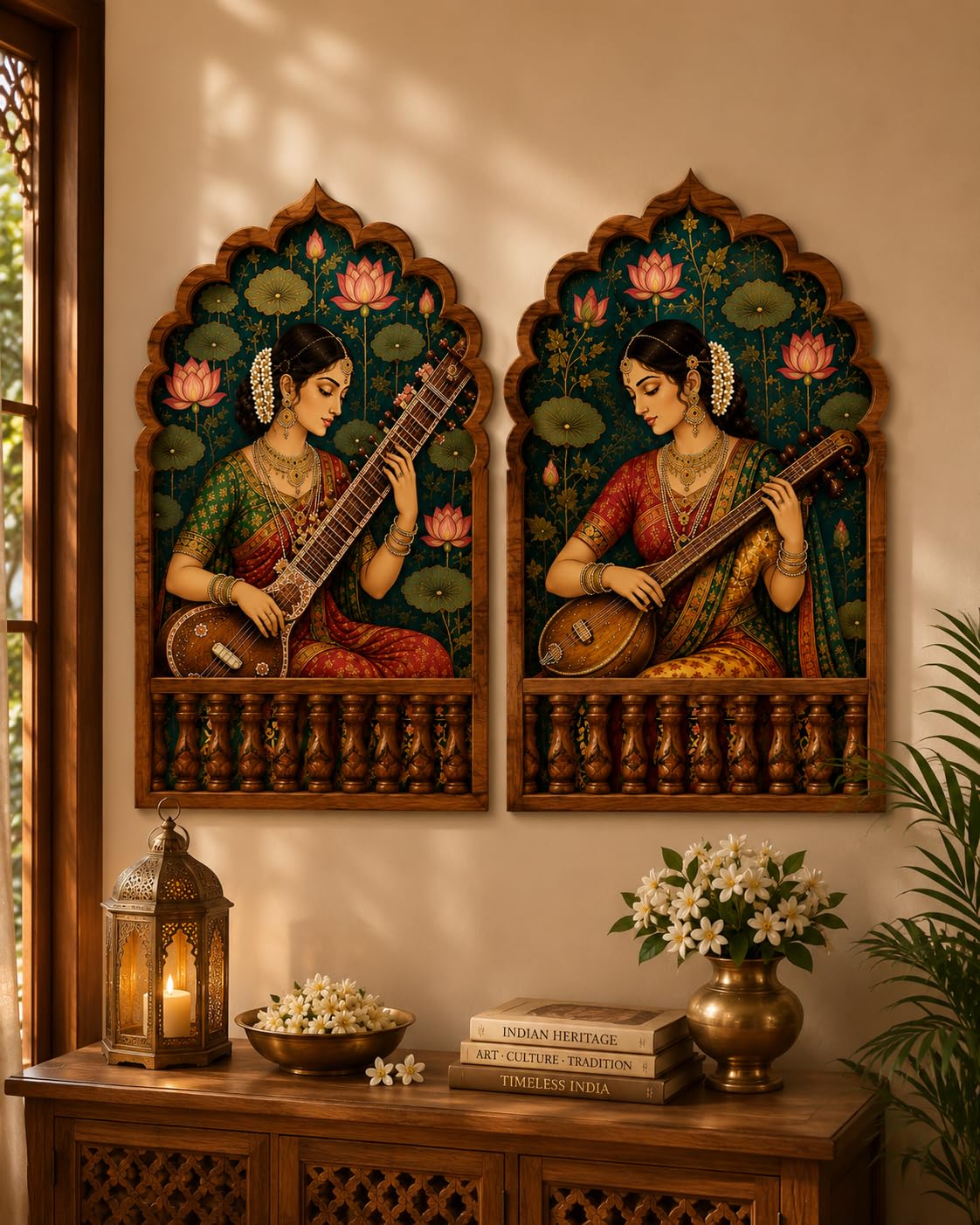 gladtogift royal music collection wooden wall decor set of 2 | mughal jharokha wall art | sitar & veena traditional indian wall hanging | premium mdf decorative panels for living room, bedroom, hallway