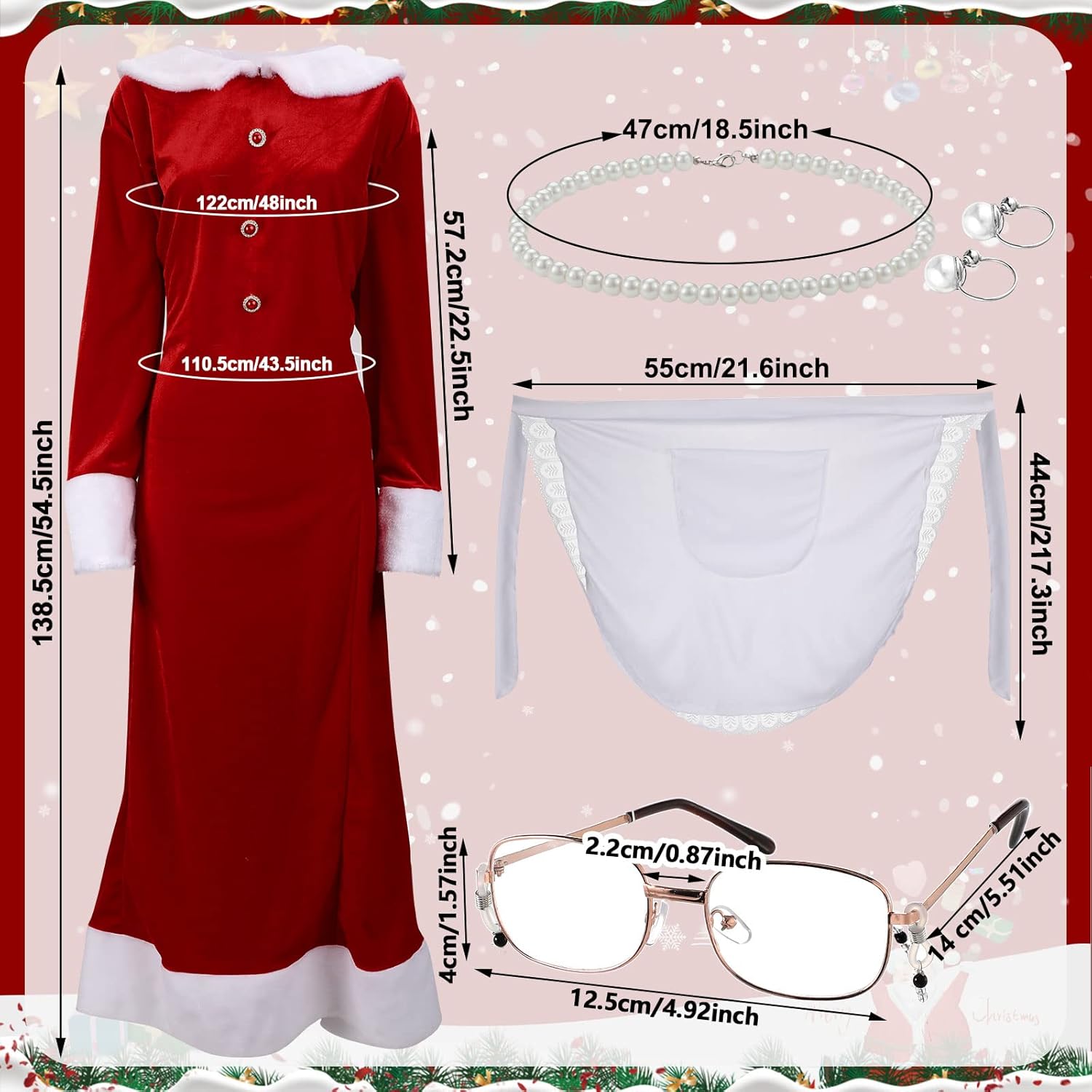 Yaomiao 9 Pcs Mrs. Santa Costume Women Santa Claus Costume for Women Christmas Bonnet Apron Wig for Christmas