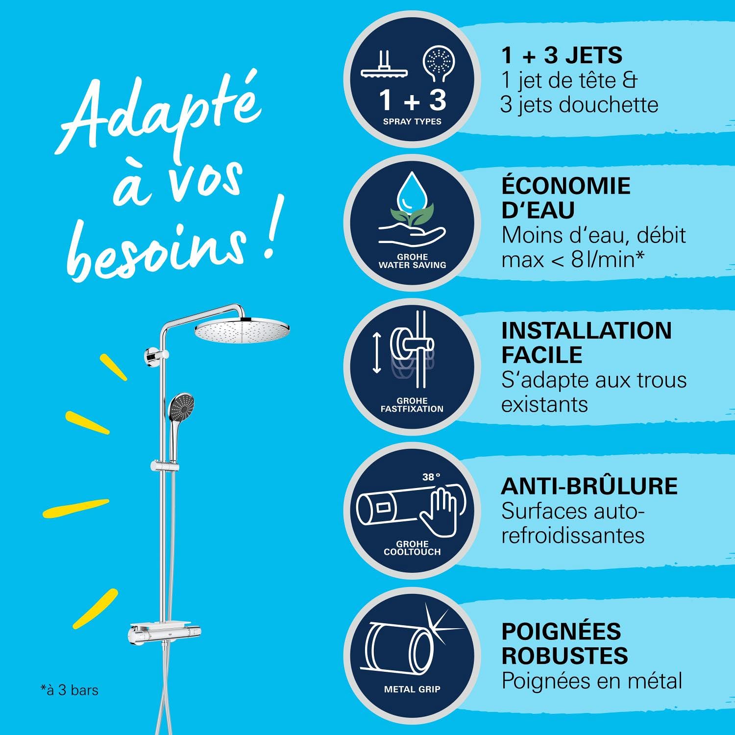 GROHE Colonne de douche avec mitigeur thermostatique Vitalio System 310, tablette incluse, tête de douche 310mm, barre orientable, douchette Vitalio Joy 310 3 jets, chromé, 26401001 (Import Allemagne)