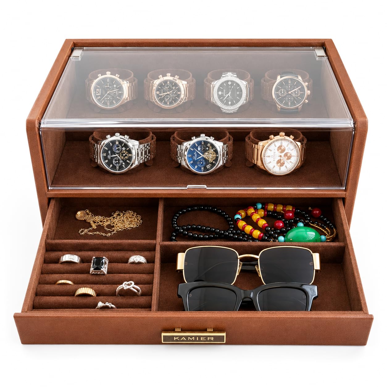 KAMIER Boîte à Montres à 7 Emplacements, Vitrine à Montres en Cuir PU | Avec Couvercle en Verre & Tiroir, Doublure Intérieure en Velours Doux, Rangement Premium pour Montres, Lunettes et Bijoux