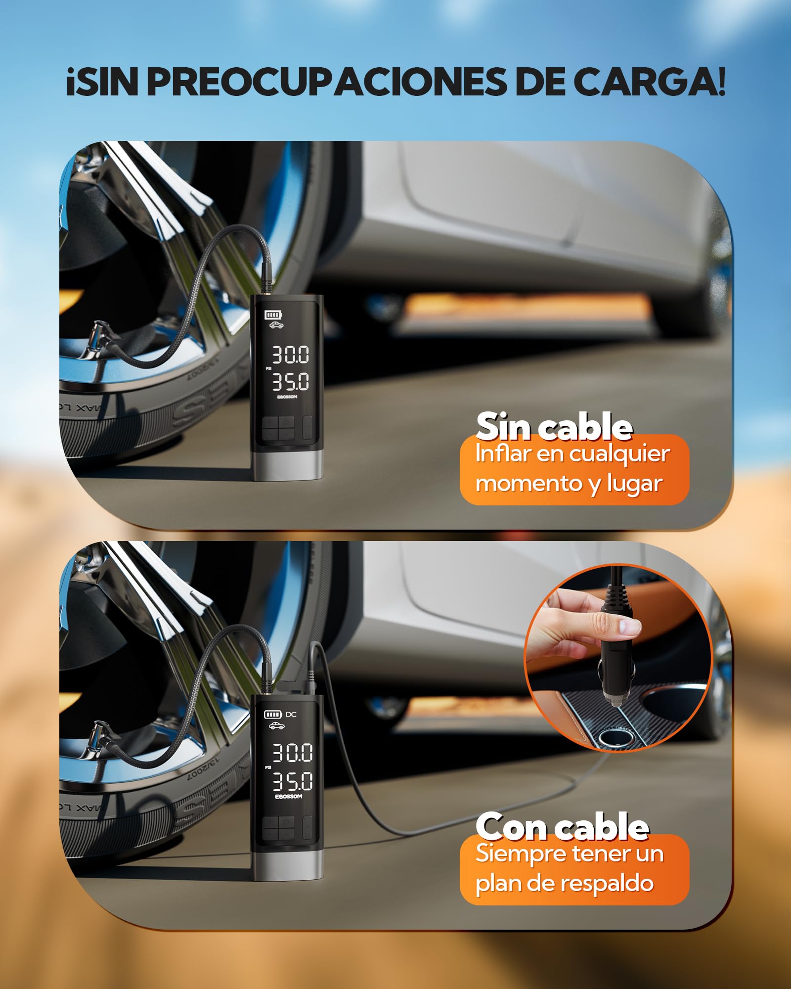 Compresor Aire Portátil, Inflador Ruedas Coche 10,3Bar, Bomba De Aire Multifuncional Con Motor Bicilíndrico, Kit De Emergencia Para Vehículos Grandes, Pickups, Motos. Con Iluminación LED